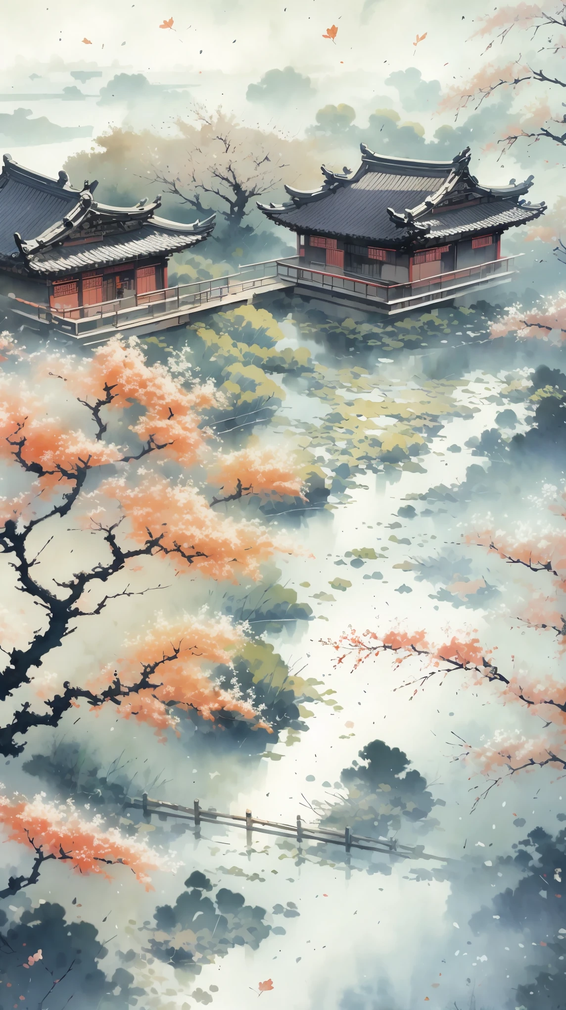 ancient style illustration chinese watercolor landscape painting watercolor river maple leaves autumn chinese landscape bare tree branches day flowers and leaves no humans outdoors overgrown plants landscape tree maple water, masterpiece, recent quality, best details, beauty