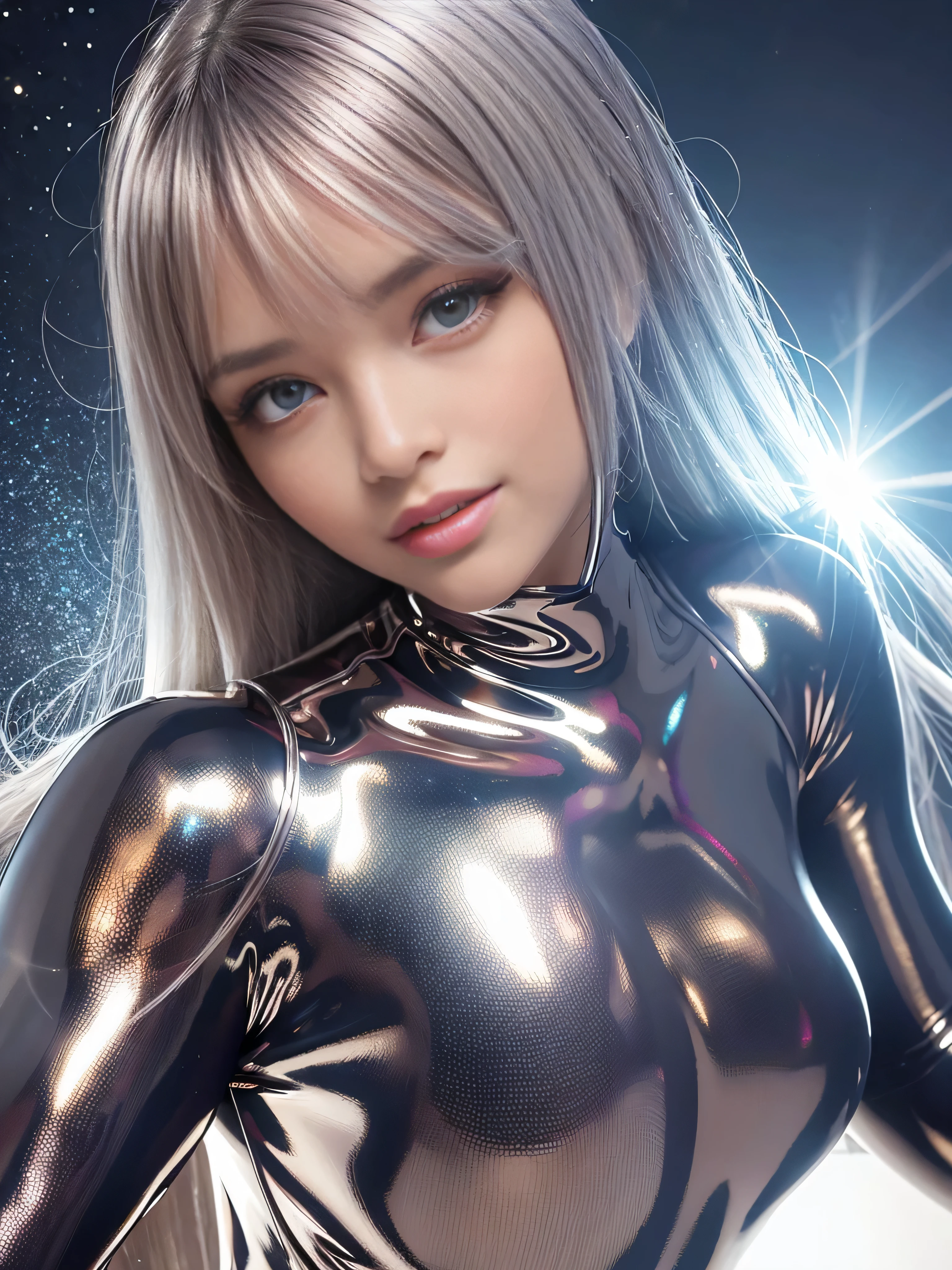 1 girl, Angelique A very beautiful and cute girl, detailed and beautiful eyes, fine double eyelids, (Big eyes:1.3), long brown straight hair, see through bang, shiny hair, (hard erect nipples:1.4), (nipples facing upwards:1.4), sharp focus, beautiful detailed face and eyes, droopy eyes ,(Thin latex super shiny metallic silver full bodysuit:1.4),(Bodysuit only available in one color:Shiny Metallic Silver ) , ULTA tight-fitting bodysuit with ultra-thin ultra-reflective surfaces, (A thin bodysuit that clings to the body without gaps), walking small nose, small mouth, huge breasts, Happy smile with visible teeth, ((highest quality)), Raw photo, High resolution, perfect details, professional photos, professional lighting,strong lighting on bodysuit,Lens flare,