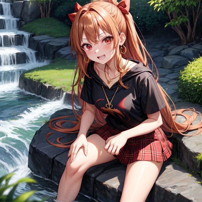 Brown, red, gold, golden hair、red eyes、one good looking girl、solo、anime、plaid mini skirt、black camisole、black t-shirt、hoodie、wearing a ribbon、ribbon at waist、Crystal Earrings、Gemstone Necklace、Light and shadow、Tilting face、teeth are visible、pillar、evil looking face、Kuroko、Diamond dust、grassland、Water running down the stairs、overflowing、Ants are walking、sulking、is increasing