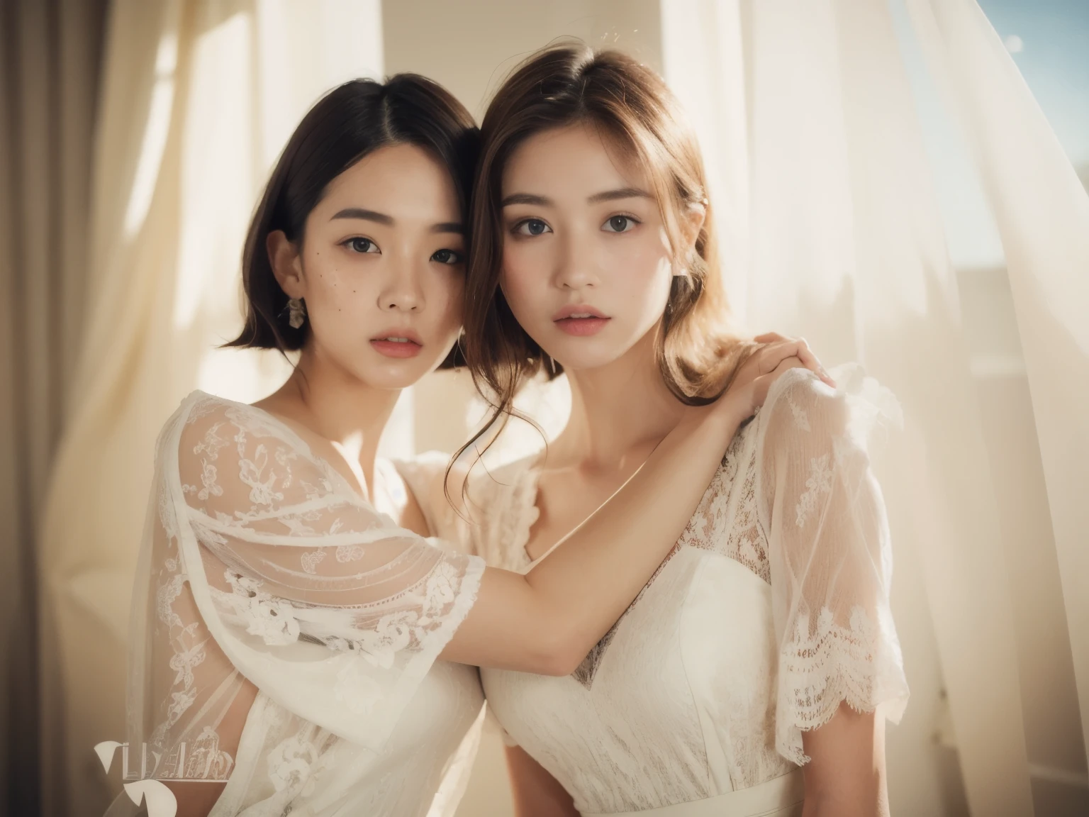best quality,masterpiece,extremely detailed,high res,4k,ultra high res,detailed shadow,ultra realistic,realistic,dramatic lighting,2girl,detailed face,realistic eyes,realistic skin,white dress,dynamic pose, white lace dress,bob hair,Empty room,Fashionable face,Japanese,25 years old,pink cheek,pink lip,wavy hair,freckles,half,model,雑誌model,