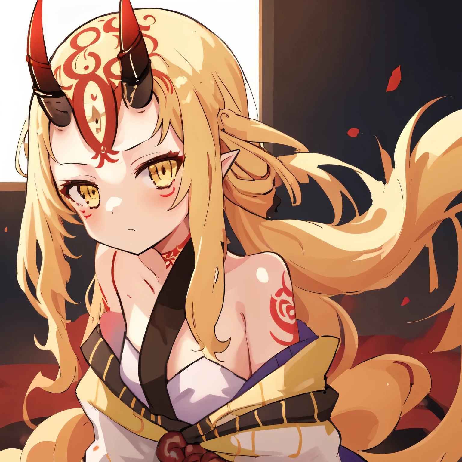 Masterpiece, best quality, 1girl, solo, flat chest, Oni horns, yellow eyes, blonde hair, forehead, very long hair, yukata, Japanese clothes, yellow yukata, cleavage, serious, neutral, tattoo, forehead mark, arms behind back, looking at viewer