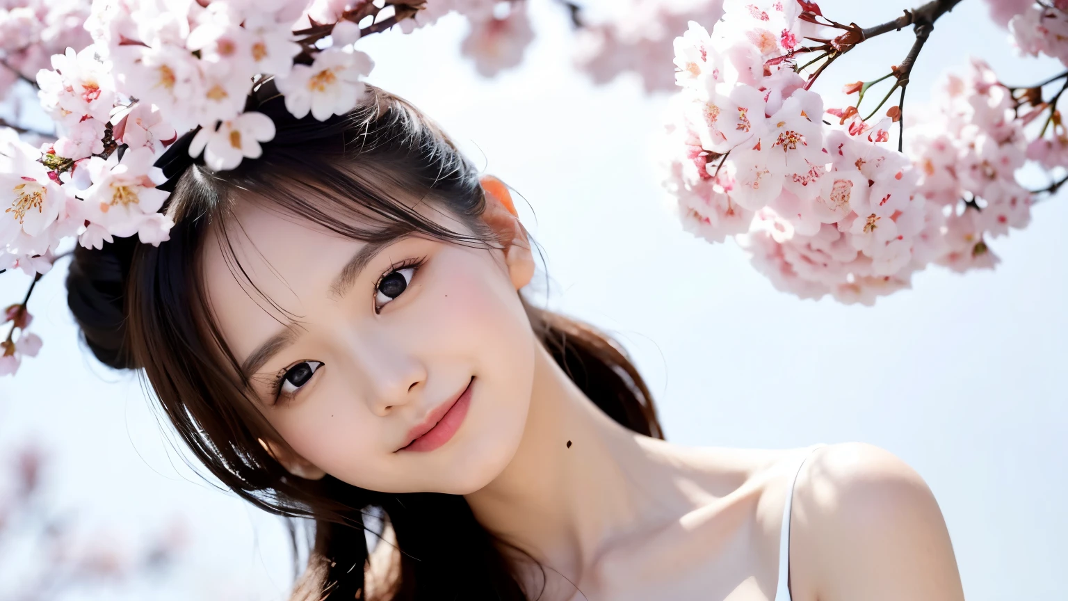 Young Japanese woman, 30s, white background, simple background, ponytail, slender, 4K, 8K medium, high resolution, beautiful woman, beautiful eyes, simple, high resolution, alone, beautiful skin, beautiful skin, smile, cityscape in full bloom Cherry blossoms