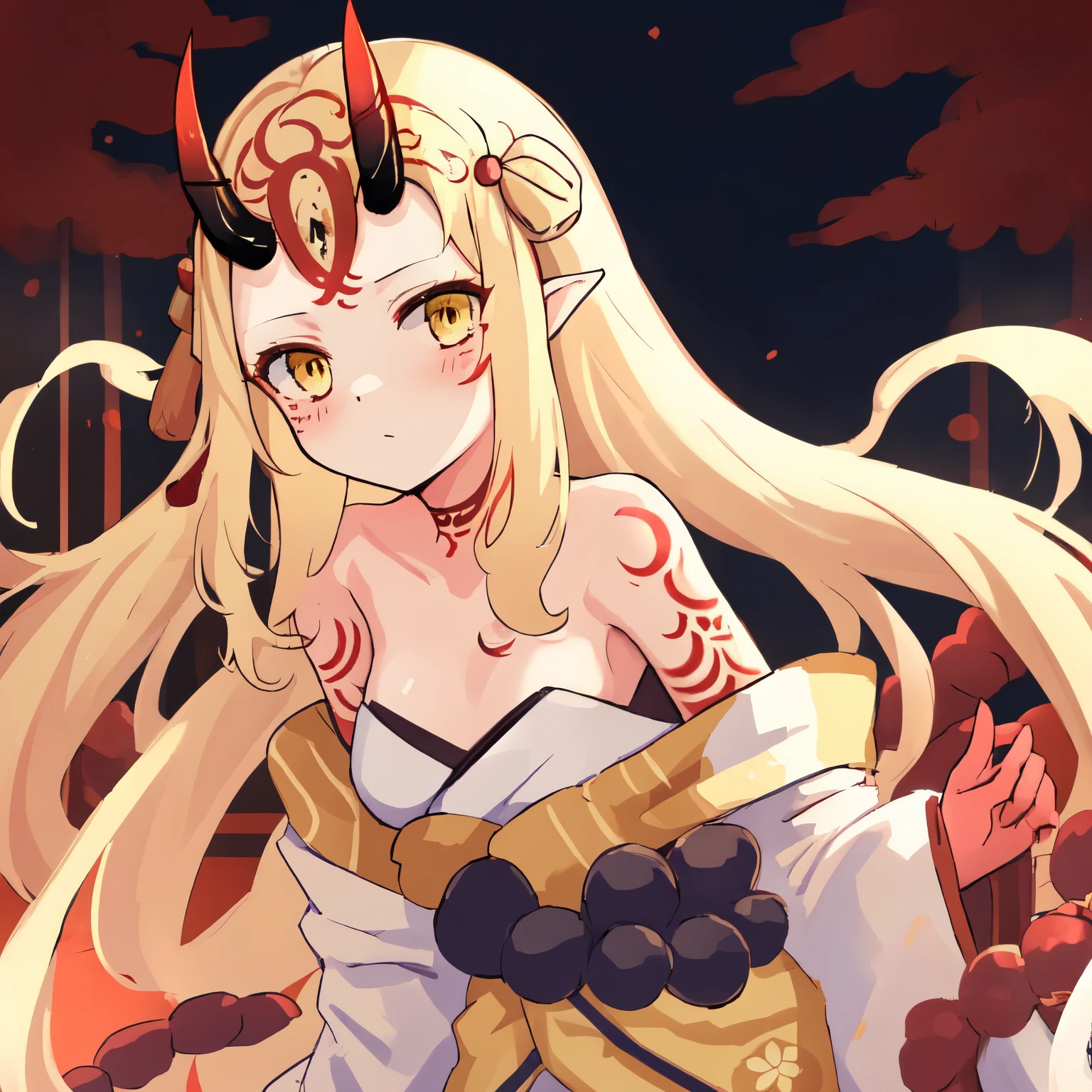 Masterpiece, best quality, 1girl, solo, flat chest, Oni horns, yellow eyes, blonde hair, forehead, very long hair, yukata, Japanese clothes, yellow yukata, cleavage, serious, neutral, tattoo, forehead mark, arms behind back, looking at viewer