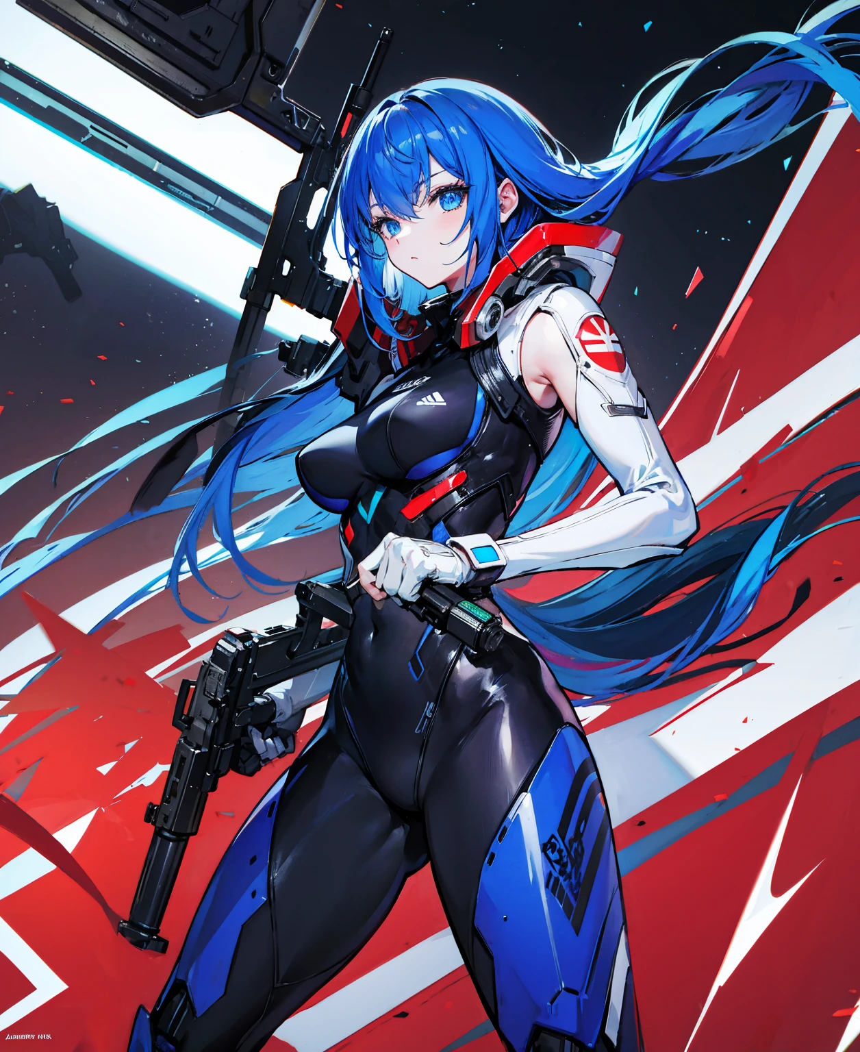 no background,girl,carry a firearm,Enamel-like tight suit,use of firearms,dark blue long hair,attention arousal,blue colored eyes,no gradation