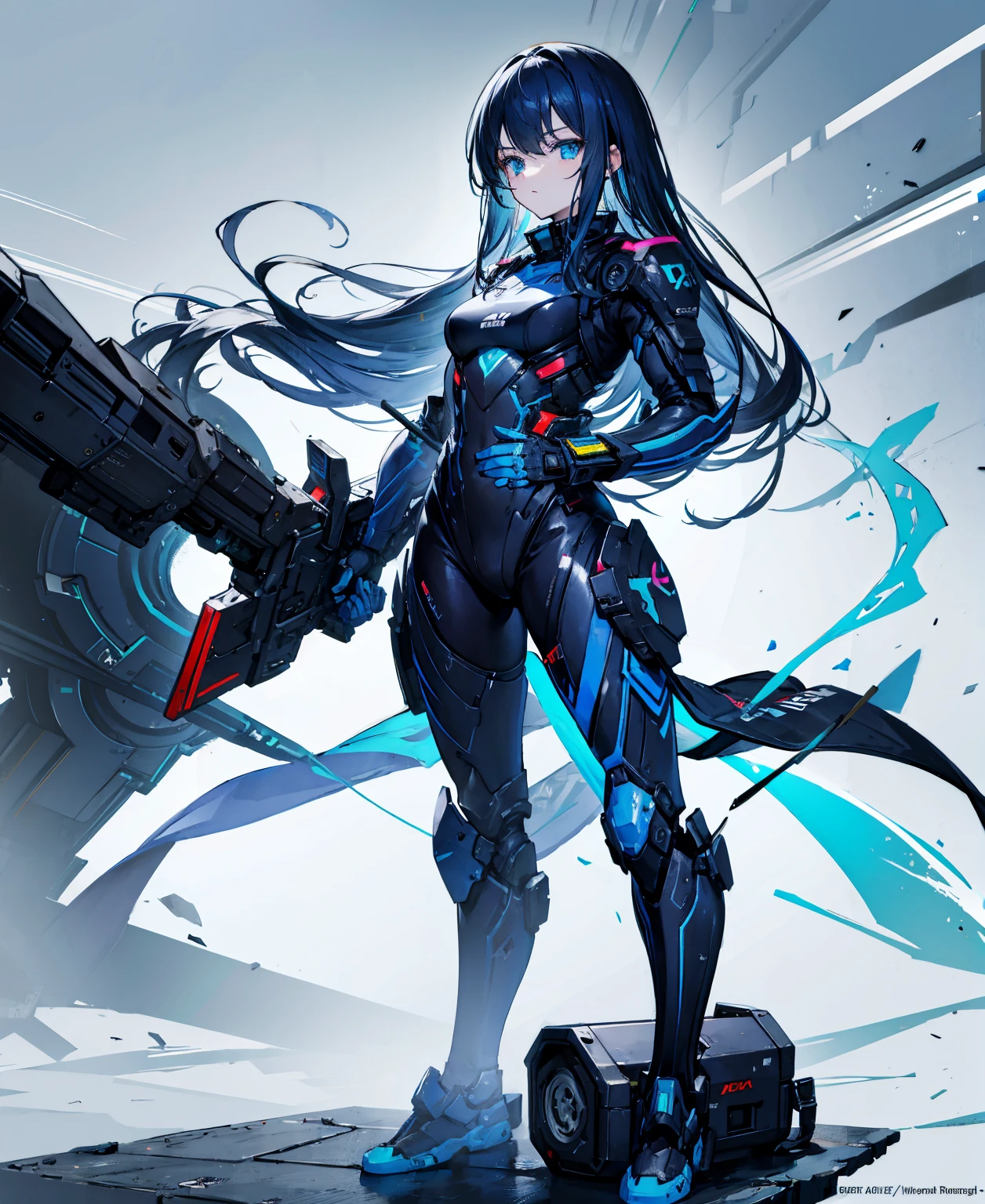 no background,girl,carry a firearm,Enamel-like tight suit,use of firearms,dark blue long hair,attention arousal,blue colored eyes,no gradation
