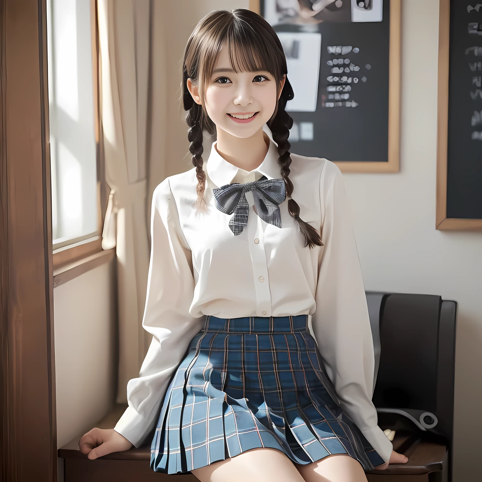 (highest quality、masterpiece:1.2)、highest quality、realistic、photograph、High resolution、1080p、8K、Pale, rough skin、The face is especially pale., physical rendering、((Height: 155cm)), one Japanese girl、A siren who looks like a Japanese junior high school student sitting in a music room、cute japanese girl, 14 years old, , (((big very detailed beautiful dark brown eyes))), ((blue girly large wine-red glossy polyester Japanese school ribbon bow tie)), ((((very beautiful black long braids hair)))), ((((deep blue colored tartan checkered formal long pleated pleated skirt)))), ((Shiny beige blouse)), (((Looking at the viewers with loving eyes, smiling))), ((((Very happy)))), mouth is open, The big skirt is very cute, detailed fingers, Slender body, ((curled bangs)), so beautiful, long eyelashes, ((Very big and very very very cute eyes of a Japanese girl)), ((large pupils)), double eyelids, The entire skirt is photographed, Very cute face, thin eyebrows, ((drooping eyes)), ((long eyelashes)), ((cute lovely lovely laughing laughing cheeks)), ((The pure white light hits her face from the front, making her skin and eyes shine beautifully.)), (((((Very neat and so beautiful))))), shot from the side, ((idol face)), ((The sun is shining on my cheeks))