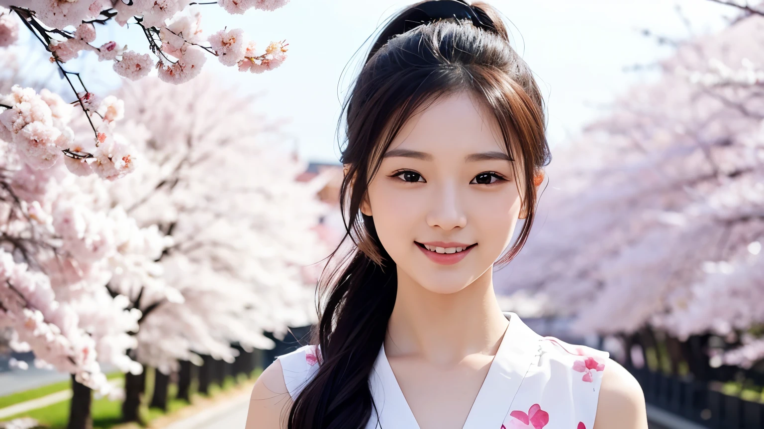 Young Japanese woman, 30s, white background, simple background, ponytail, slender, 4K, 8K medium, high resolution, beautiful woman, beautiful eyes, simple, high resolution, alone, beautiful skin, beautiful skin, smile, cityscape in full bloom Cherry blossoms