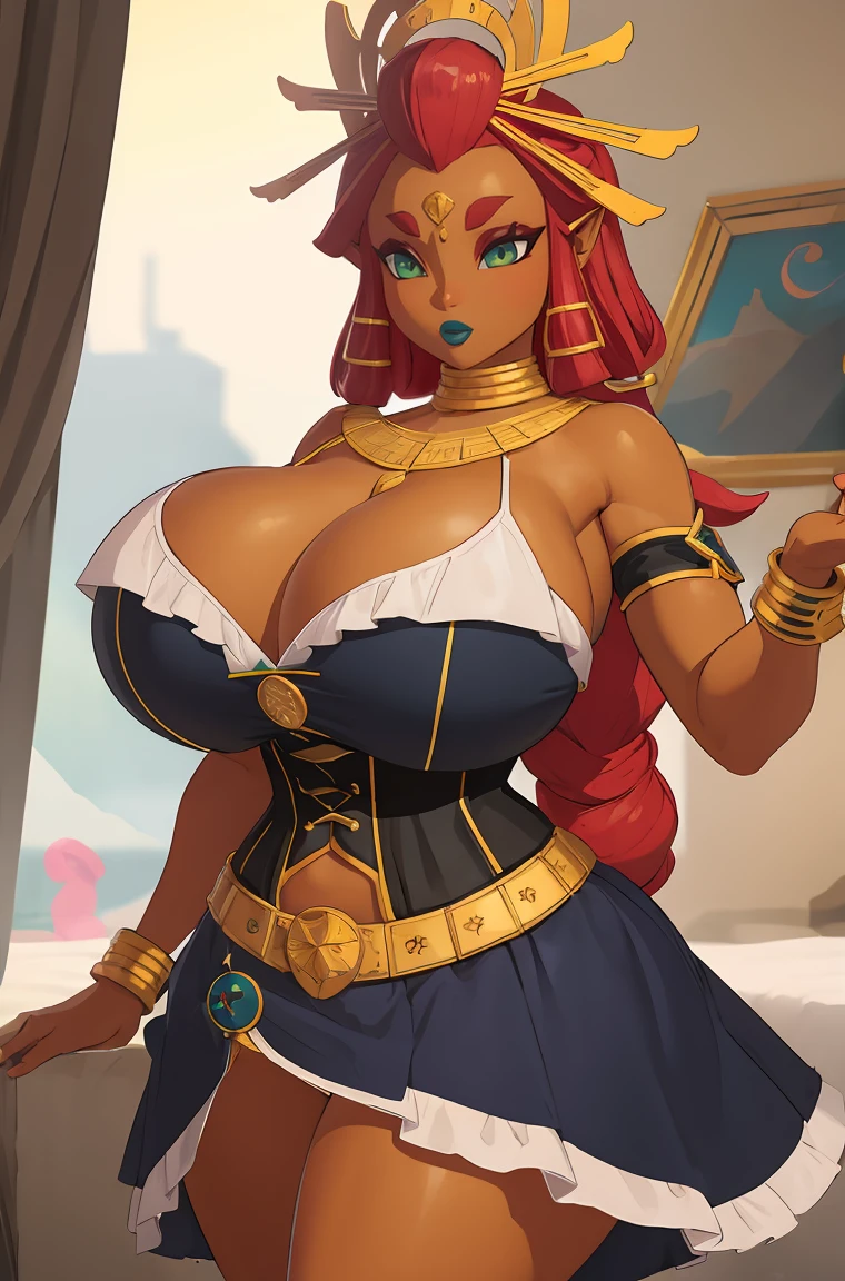 (((gigantic breasts))), green eyes, dark blue lips, corset, Riju