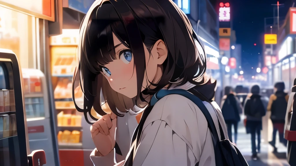 22 year old girl、convenience store clerk、brown hair、shortcut、cute、boyish、face of dislike、night、convenience store clerk、Being tangled up in a drunken mess