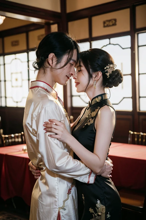 ((best quality)), ((masterpiece)), (detailed), perfect face、Enchanted body

((Satomi Ishihara、female、best proportions、Satomi Ishihara、semi-long、cheongsam、hair ornaments、古代China髪型、earrings、China Hairstyle、necklace、bangles、黒cheongsam、luxury accessories、black cheongsam dress、vintage、gold embroidery、black clothes、Long slit、smile、wife、husband婦、Satomi Ishihara)）

((China人、male、Lovers、smile、love、husband、husband婦))

China、marriage、marriage式、Ring exchange、Disclosure banquet、Ceremony hall、Engagement Rings、Chinese hat、kiss、誓いのkiss