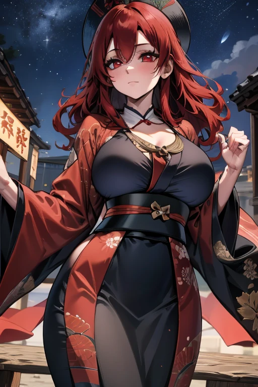 A red haired woman with red eyes with an hourglass figure in a conservative traditional kimono is watching the stars during the festival