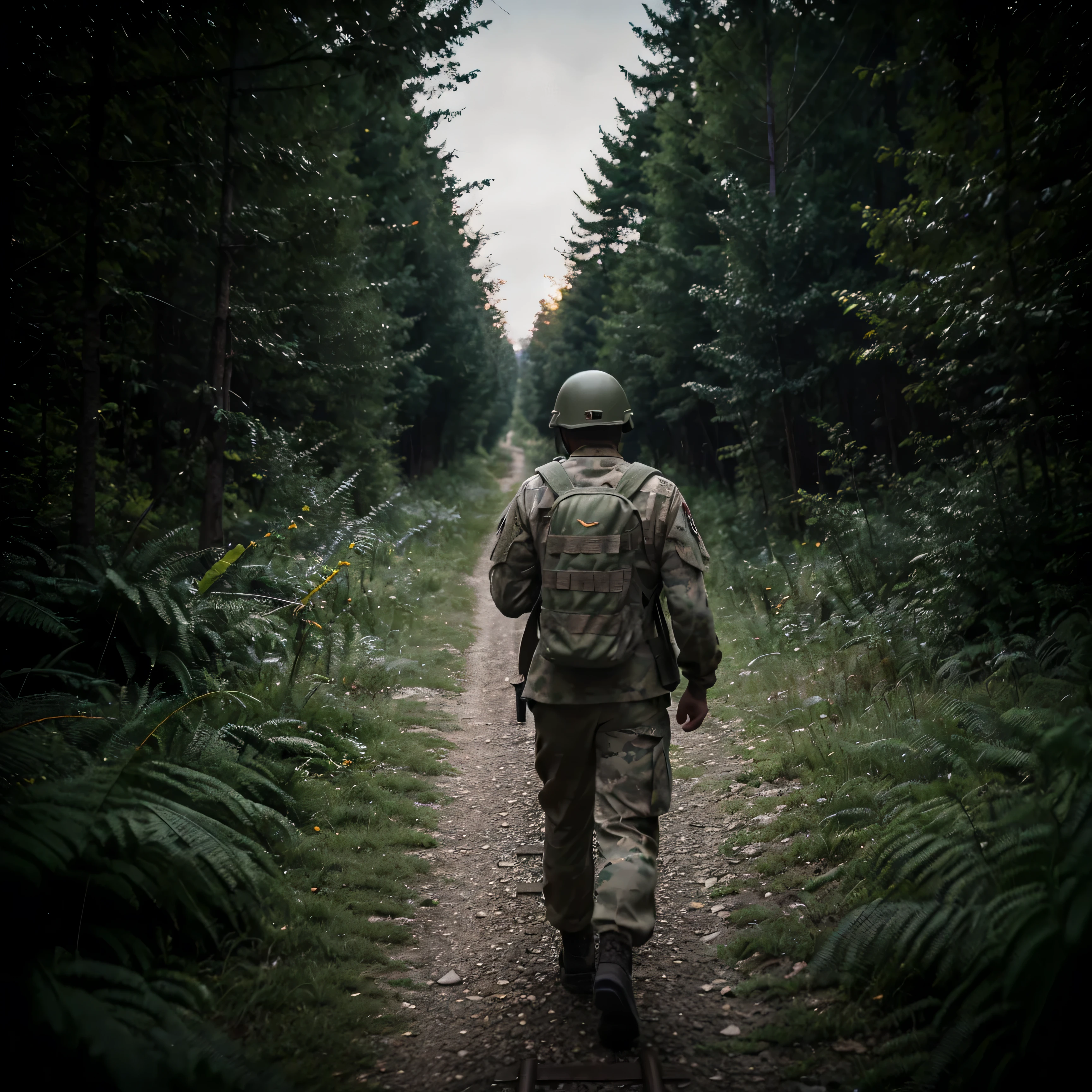 Wearing a backpack、Realistic image of a soldier in uniform,With a steel helmet， carrying a rifle, Walking along the train tracks in the night forest, Darkness of the Night, arms,Hasselblad X1D，Peter。Lindbergh，(masterpiece，top quality， best quality，official art，Aesthetics:1.2)