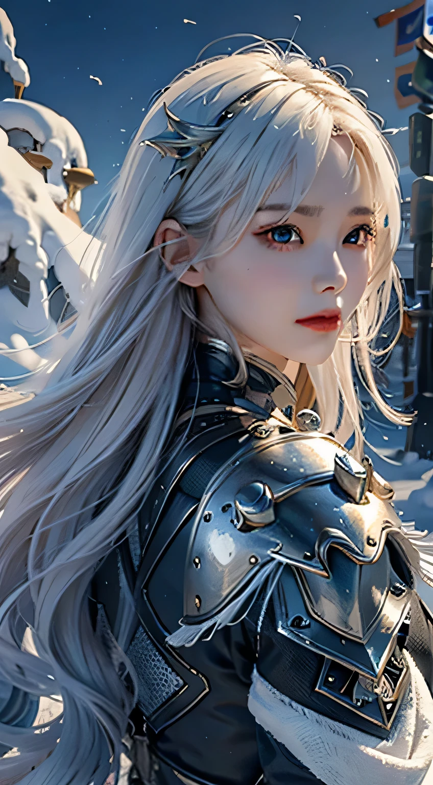 8K,Super detaileded, masterpiece, highest quality, (very detailed), dynamic angle, mysterious expression, Wind effect, fantasy Background, realistic, cinematic light, ultra high resolution, 8K Ultra HD, film grain, best shadow, delicate, born, particles of light, detailed skin texture, Detailed armor texture, detailed face, Complex Detail, Super detailed, bright, strong, silver armor, (Handheld Weapons), slush, slush Action, palanquin, glow eyes, long cloak, fantasy, (realistic), shoulder armor, Complex, Complex, Fully illuminated, looking at the audience, cinematic lighting, flight in the sky, flight, holy light, Brilliant, bangs, Wind, frozen mountain々, long wavy white hair, lich queen, Machine skeleton