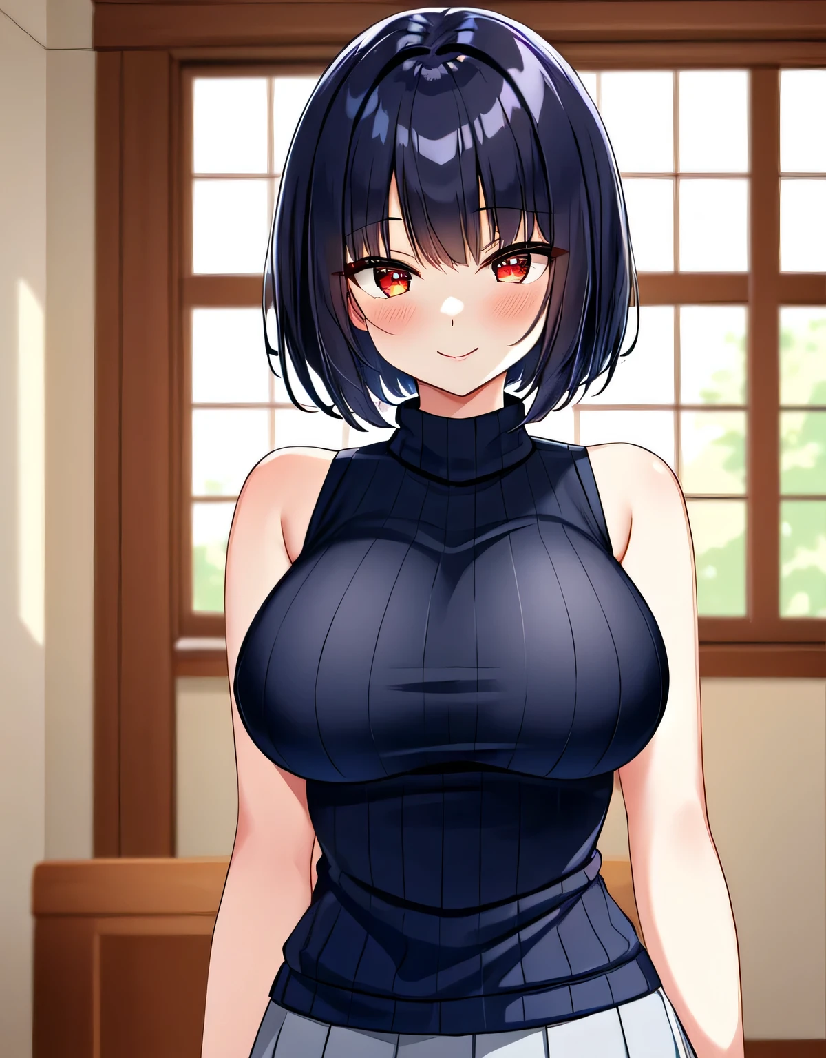 (large breasts:1.5),(shiny,hair),((solo)),((masterpiece)),((best quality)),perfect anatomy,slim waist,perfect image,8k UHD,(beautiful detailed eyes:1.5),extremely detailed face,standing,(upper body:1.3),(look at the front:1.5),arms behindback,ultra-detailed,absurdres,(dark blue hair),(red eyes),medium hair,((blunt bangs)),sleeveless,(yellow ribbed sweater),mini skirt,indoor room,smile,18 years-old,