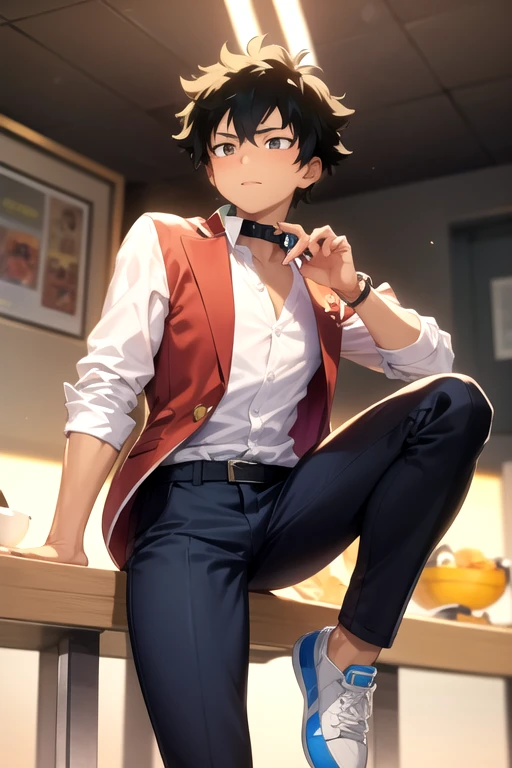 "A -yeld teith dark brown skin, short black curly hair, and brown eyes. He wears the UA from 'My Hero Academia', which consists of a white shirt with a collar, black pants, and a dark blue blazer with the UA emblem on the chest. He has a determined and confident expression, typical of a young hero in training, ready to face any challenge that lies ahead."