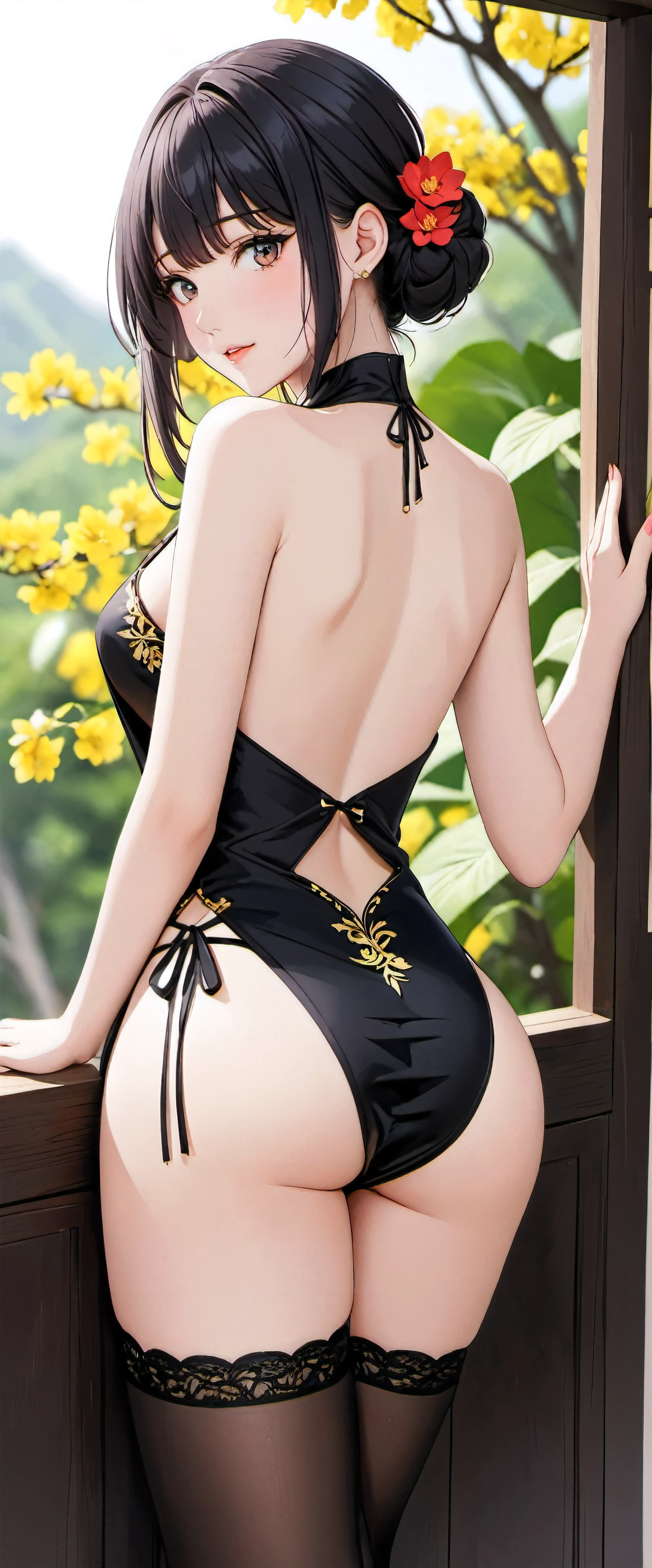 High resolution, adult woman , good lighting, (No nudity), (gold_China dress), (garter belt), abdomen only, cute face, blush, (turn around and look back), See-through, (T-back), (a large amount of is on the body), (black_hair), hair bun, hairpin