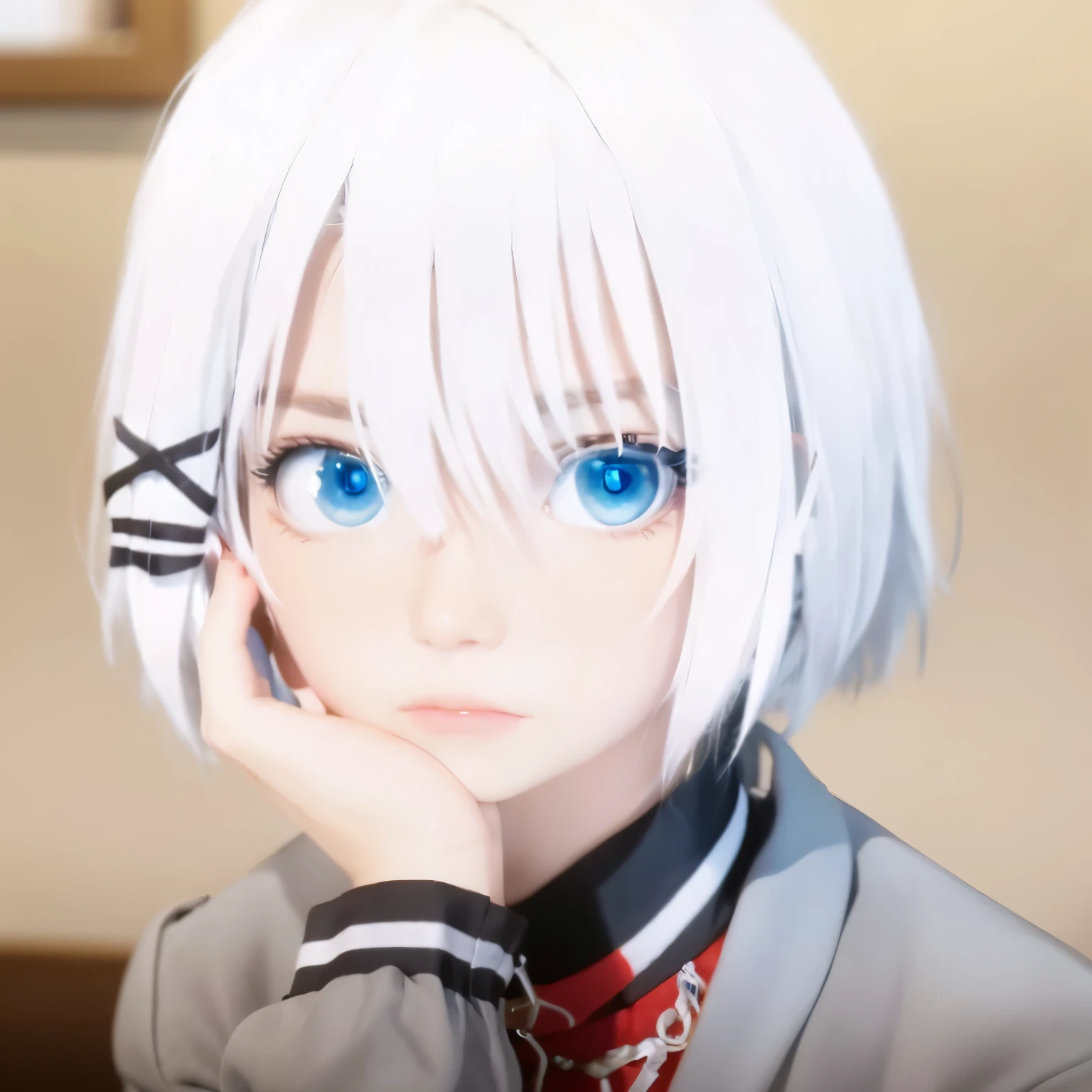 4k, realistic, high detailed, blue eyes, white hair,