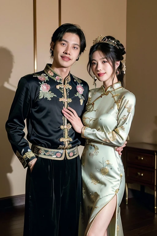 ((best quality)), ((masterpiece)), (detailed), perfect face、Enchanted body

((Satomi Ishihara、female、best proportions、Satomi Ishihara、semi-long、cheongsam、hair ornaments、古代China髪型、earrings、China Hairstyle、necklace、bangles、黒cheongsam、luxury accessories、black cheongsam dress、vintage、gold embroidery、black clothes、Long slit、smile、wife、Satomi Ishihara)）

((China人、male、Lovers、smile、love、husband))

China、marriage、marriage式、Ring exchange、Disclosure banquet、Ceremony hall、Engagement Rings、Chinese hat