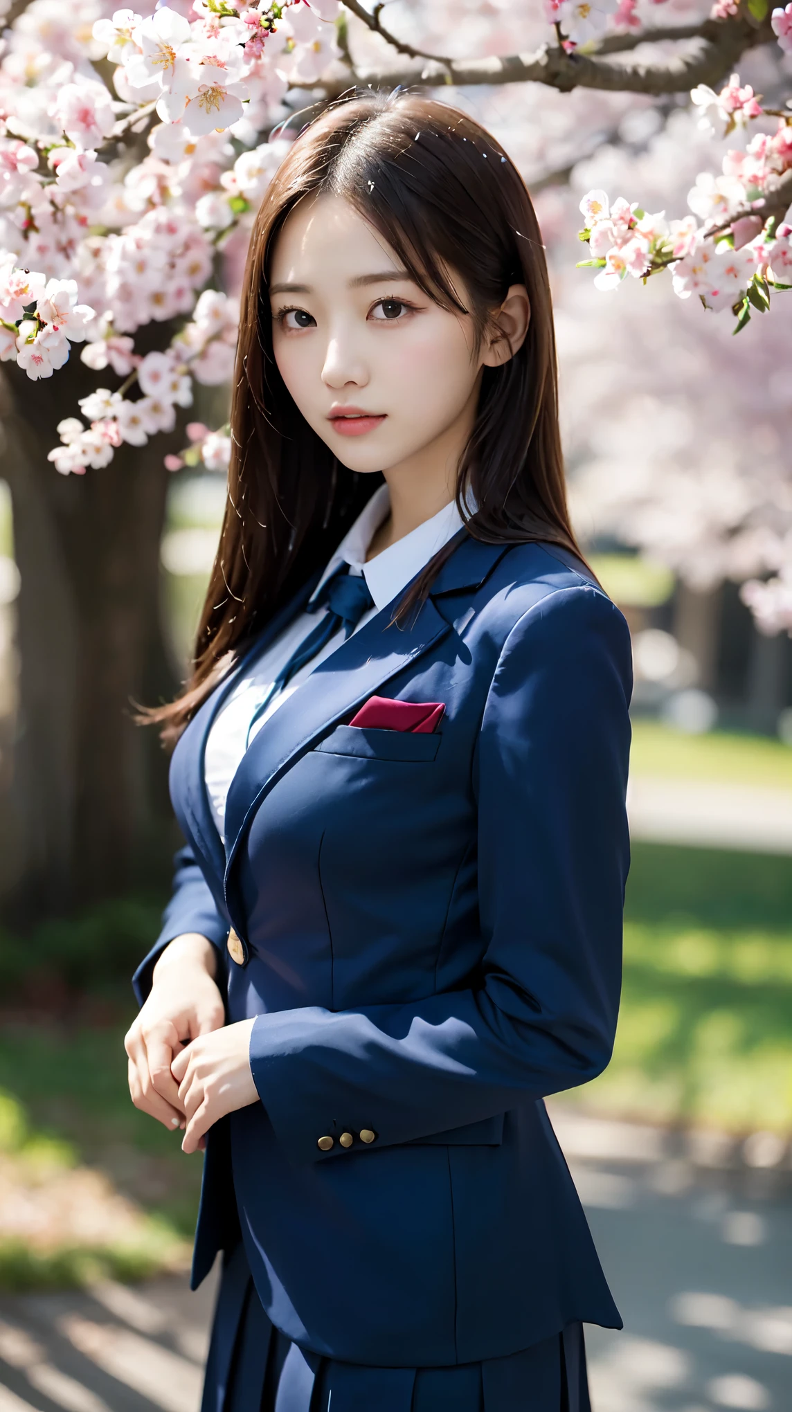 graduation ceremony、high school girl、uniform 、navy blue blazer、Cherry tree in full bloom、Cherry blossom confetti、perfect proportions、cute、(big breasts:1.2)、((18 year old female:1.2))、young adorable japanese face,official art,Highly detailed CG Unity 8K wallpaper,(masterpiece:1.0),(highest quality:1.0), 超A high resolution,4k,Super detailed, photo shoot, 8K, nffsw, High resolution, kodak portrait 400, film grain, lens flare glow,高いest quality,8K,nffsw:1.2),portrait shot,8K、View viewer