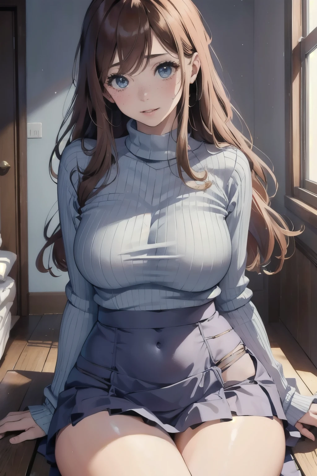 (masterpiece, 最high quality, hire, High resolution:1.2, 4k, 8K , high quality), very detailed, realistic, intricate details, High resolution, 1 girl, alone, red long hair, blue eyes, blush, freckles, (big breasts, thick thighs, wide hips), arched back,(cinematic lighting, sunlight, perfect lighting, Backlight), from below, extreme close up shot, looking at the viewer, Costume-GLS, sweater, high waist skirt, mini skirt、white panties、raise your legs、sexual expression