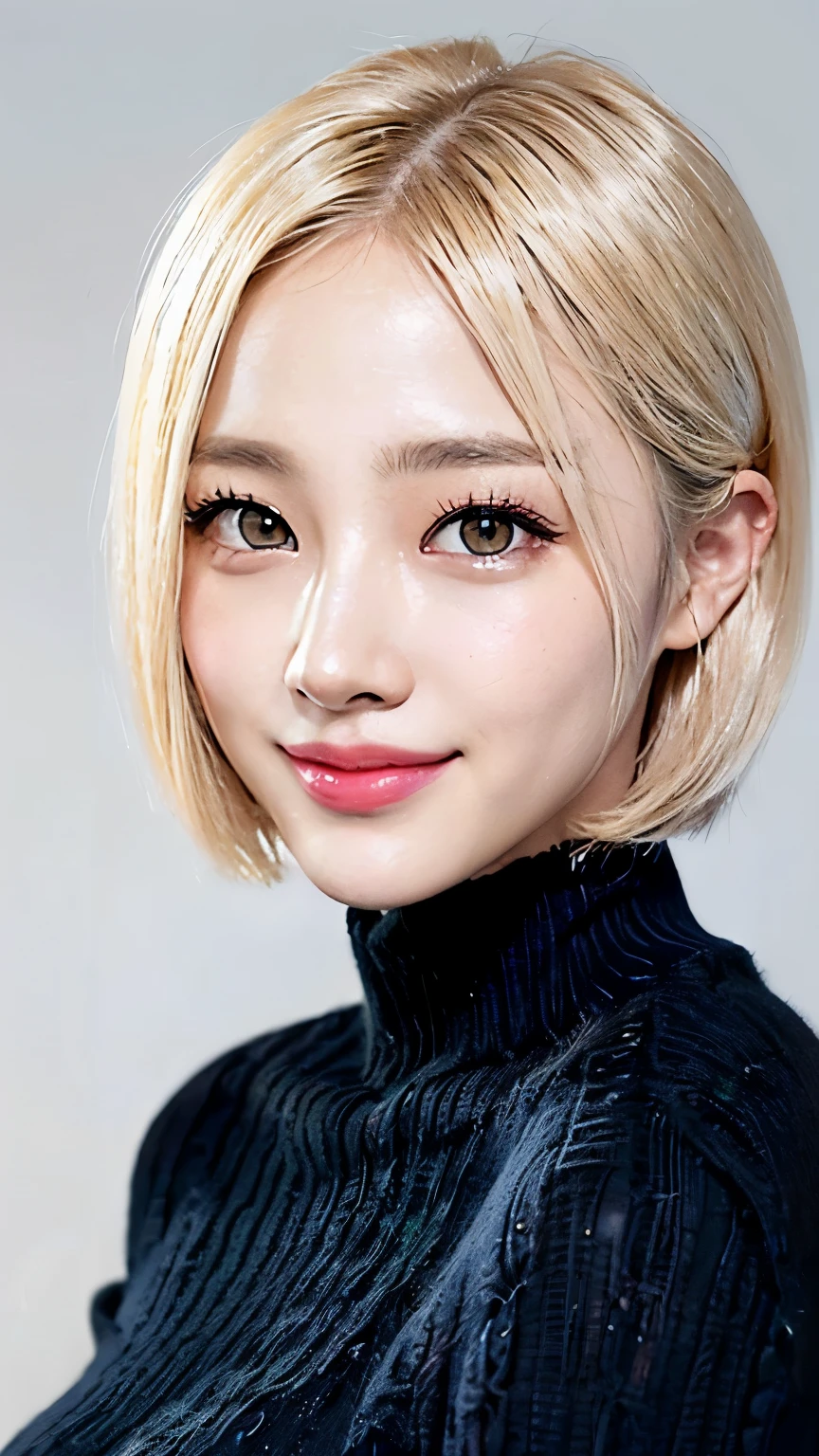 realistic, masterpiece, highest quality, A photo of a woman smiling happily, beautiful and detailed eyes, long slit eyes, black eyes, thin eyebrows, Make your eyelashes delicate, long eyelashes, false eyelashes, (hidden creased eyelids:1.3), (blonde hair, short hair, middle part:1.3), A little tooth is visible, Dark blue turtleneck sweater