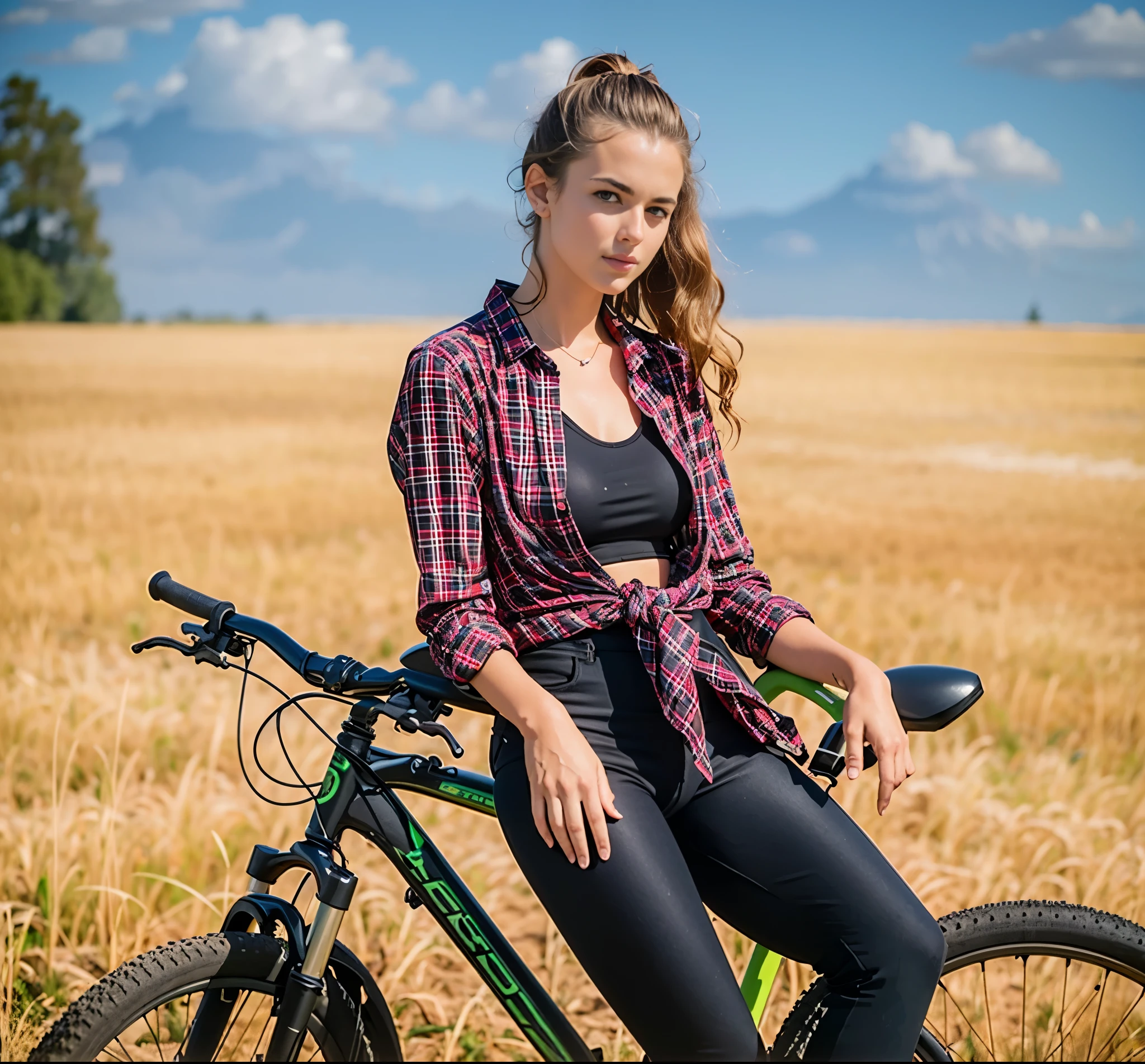 mulher arafida sentada em uma bicicleta em um campo de trigo, picture of a female motociclista, por Aleksander Gierymski, por Dietmar Damerau, vestindo uma camisa de flanela, motivacional, retrato, posando no campo de trigo, Cavalgando, por Stefan Gierowski, vestindo uma camisa xadrez, motociclista, em um campo de trigo, closeup retrato shot