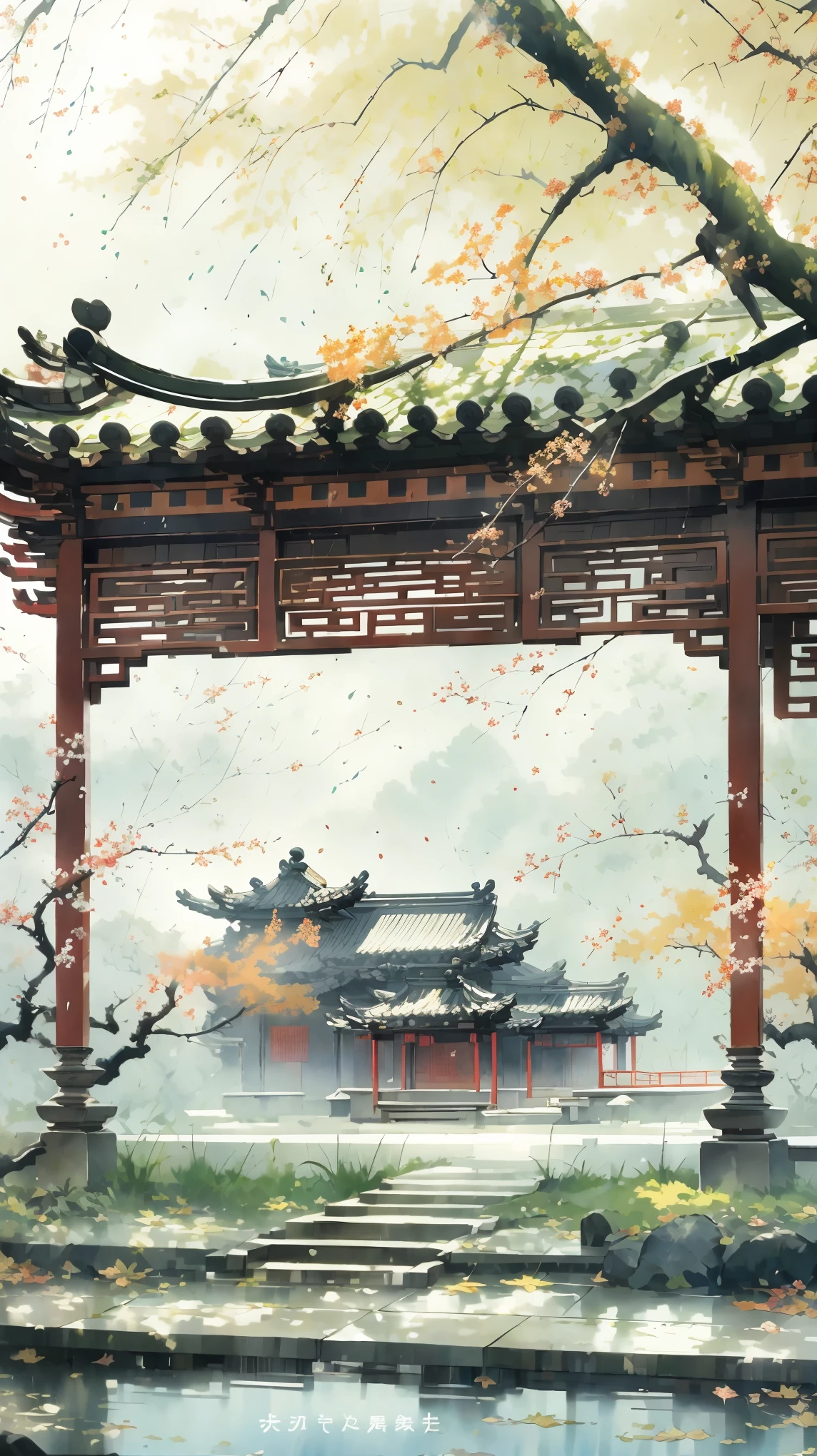 ancient style illustration chinese watercolor landscape painting watercolor maple leaves autumn chinese landscape bare tree branches day flowers and leaves no humans outdoors overgrown plants landscape tree maple water, Antique carved door beam, carved beam paintings, tables and chairs, potted plant, vase, porcelain, trees, flowers, masterpiece, recent quality, best details, beauty