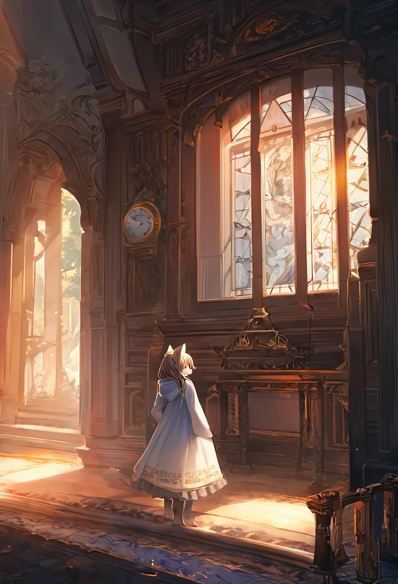 cover page, highres, top quality, best quality, paid reward available, unparalleled masterpiece, perfect artwork, absurdres, High-quality illustrations, super high resolution, detailed background, perfect anatomy(1girl, kemono, furry anthro, fearless smile, reach for the clock) in room with clock, fantasy artwork, cinematic lighting, Backlight,