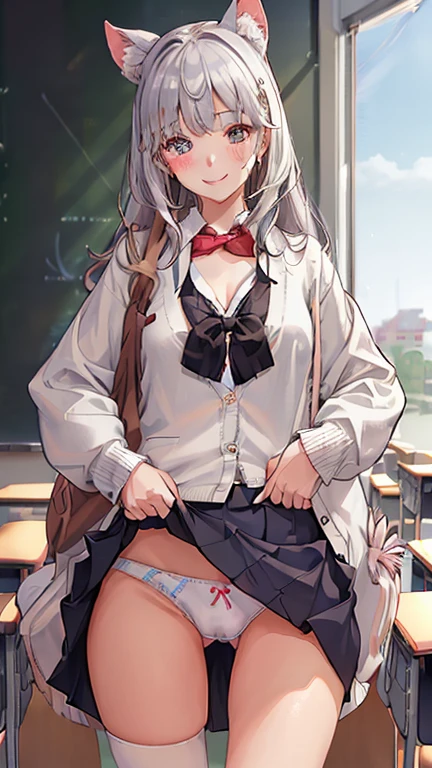 ((1 girl:1.5))、(smile:1.5)、、(cowboy shot)、(fun!!)、(white cardigan:1.5)、(dog ears)、(silver hair)、(blush:1.5)、(long hair)、(eye highlights:1.3)、blake black shoes,(黒いskirt:1.5)、bow, button, shirt with collar, long sleeve, ((red bow tie, ,, white shirt, チェック柄のskirt:1.5、white socks)),, shirt,, skirt, socks, thighs, white shirt, Rest indoors, ((classroom:1.5))、 BREAK while watching the audience、 (perfect hands, perfect anatomy),cowboy shot、(skirtlift:1.3),(highly detailed white panties:1.3)、(highly detailed panties:1.3)、、(skirt that rolls up:1.3)、(fully exposed panties:1.5)、light blue eyes
