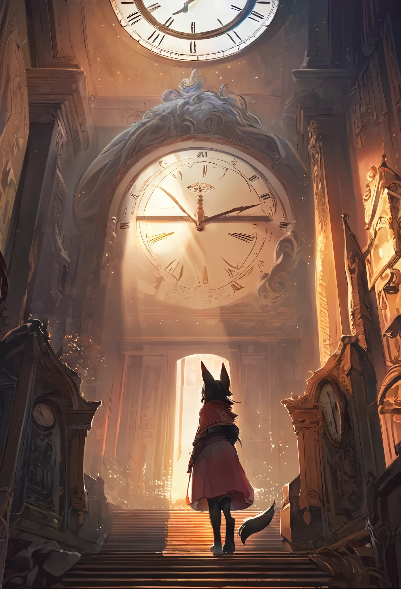 cover page, highres, top quality, best quality, paid reward available, unparalleled masterpiece, perfect artwork, absurdres, High-quality illustrations, super high resolution, detailed background, perfect ???????(1girl, kemono, furry anthro, fearless smile, reach for the clock) in room with clock, fantasy artwork, cinematic lighting, Backlight,