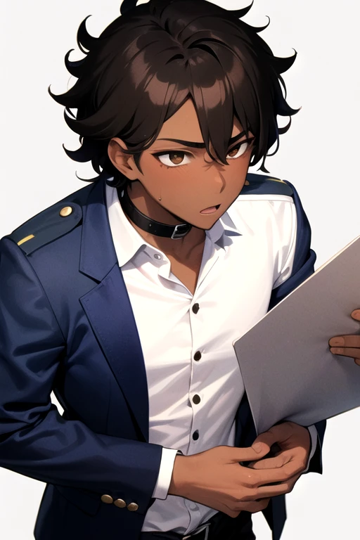 "A -yeld teith dark brown skin, short black curly hair, and brown eyes. He wears a uniform consisting of a white shirt with a collar, black pants, and a dark blue blazer