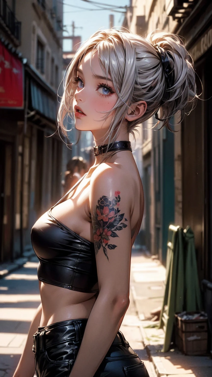 (masterpiece, High resolution, highest quality), ((20 year old woman, Composition from head to stomach, upper body focus)), look up to the sky, detailed eyes, Full arm floral tattoo:1.2, Asymmetrical punk short hair:1.2, ash gray hair, , Solid Tube Top :1.3, hot pants, A deserted back alley in Paris:1.3, cinematic lighting, anime style, simple lines, digital painting