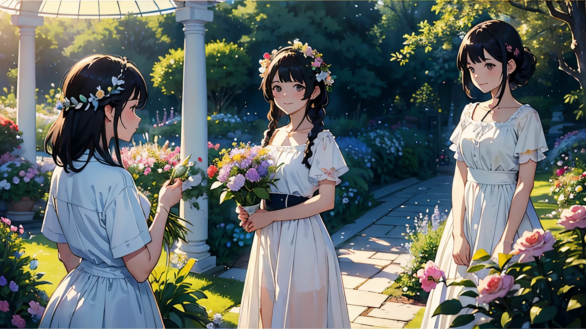 (highest quality、masterpiece、High resolution)、(Sargent style watercolor)、(anime art)、(three women)、18-year-old、They are chatting happily、Holding a potted flower、gentle smile、medium short hair、black hair、braided hair、White blouse and long skirt、cinematic light、soft light、A botanical garden in a giant glass dome、squirt、gazebo、(lots of flowers)、A garden with dancing petals、butterfly々is flying、blur the background、