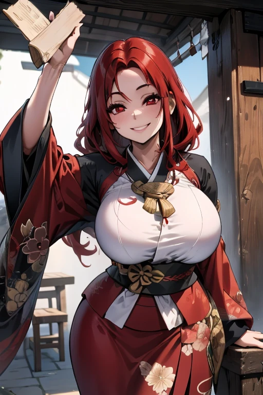 A red haired woman with red eyes with an hourglass figure in a conservative traditional kimono is leaning forward with a smile during the festival