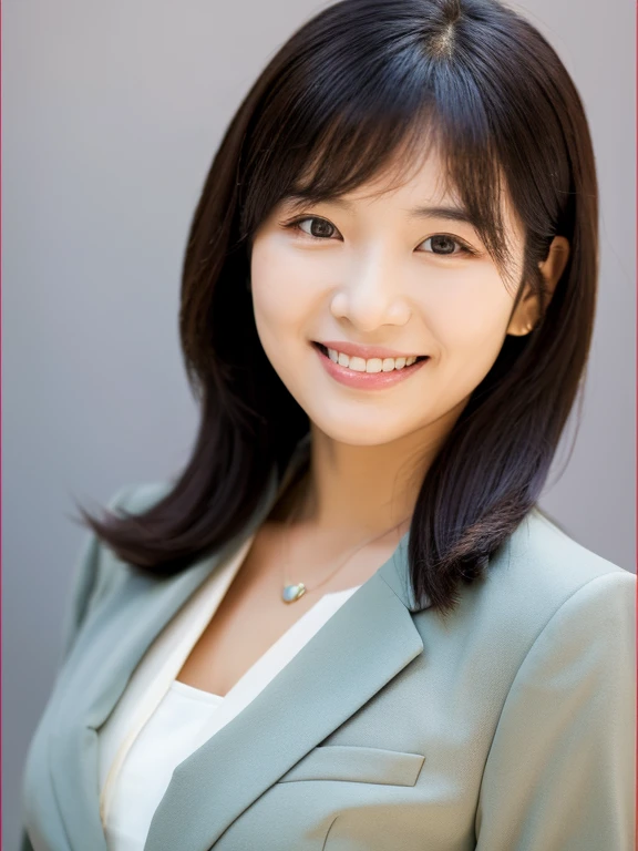 woman in her 30s Supportive smiles suit figure OL style plain background bust shot