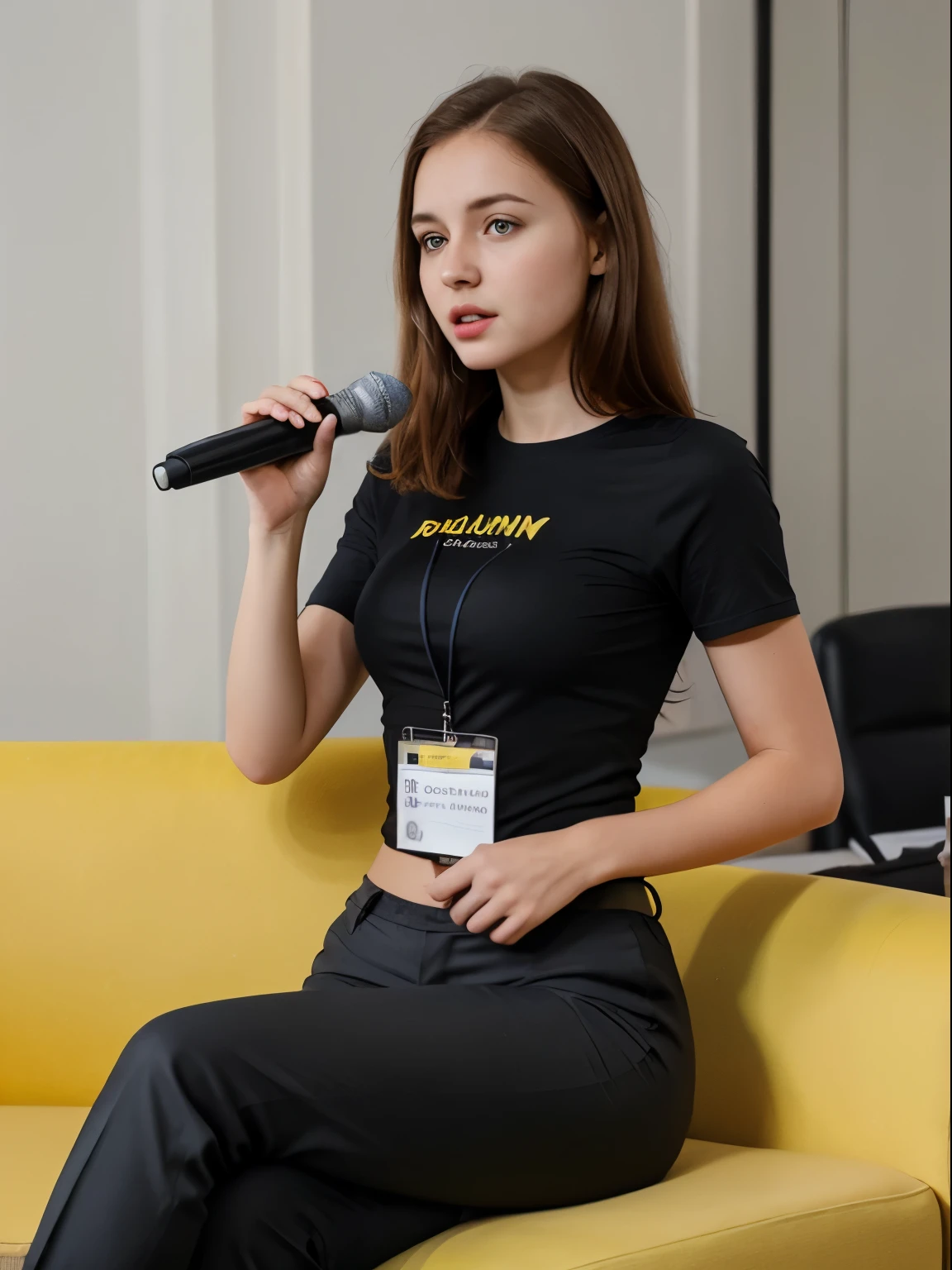 Ultra realistic photo of a business girl at a conference in a black
shirt and yellow trousers, speaking with a microphone, Slavic
appearance, with bright eyes, very fair skin, long oval face, slim
body, size S, short shoulder length brown hair, she sits on a yellow
sofa, stock photo style