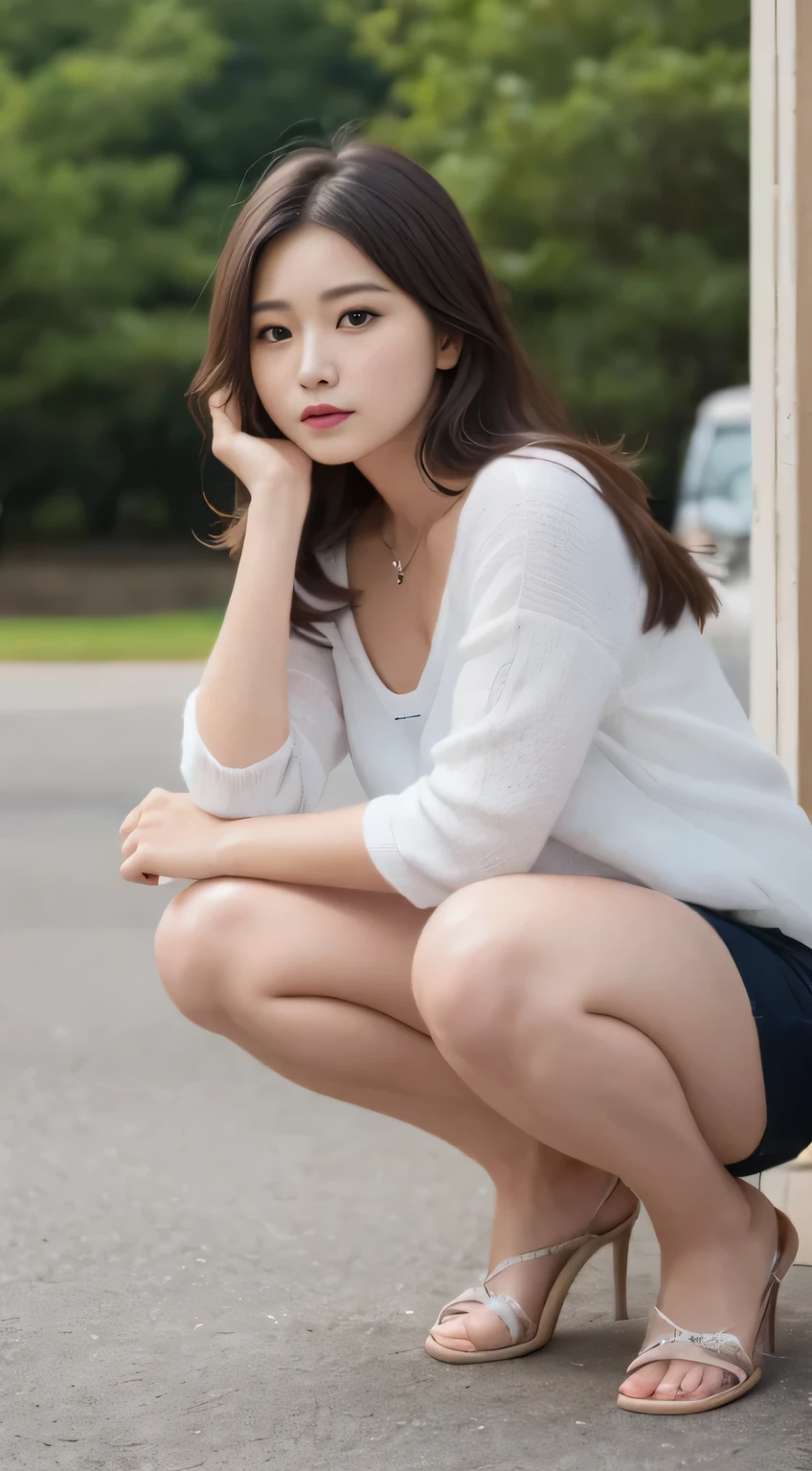 finely, High resolution, high quality、perfect dynamic composition shape, finely beautiful eyes, medium hair, small breasts、natural color lip,Kamimehibuya、20 year old girl、1 person、transparent skin、shining hair、table top, 最high quality, shape, Super detailed, finely, High resolution, 8K、correct state of the human body、squat、Stand in front，hair blowing in the wind、whole body
