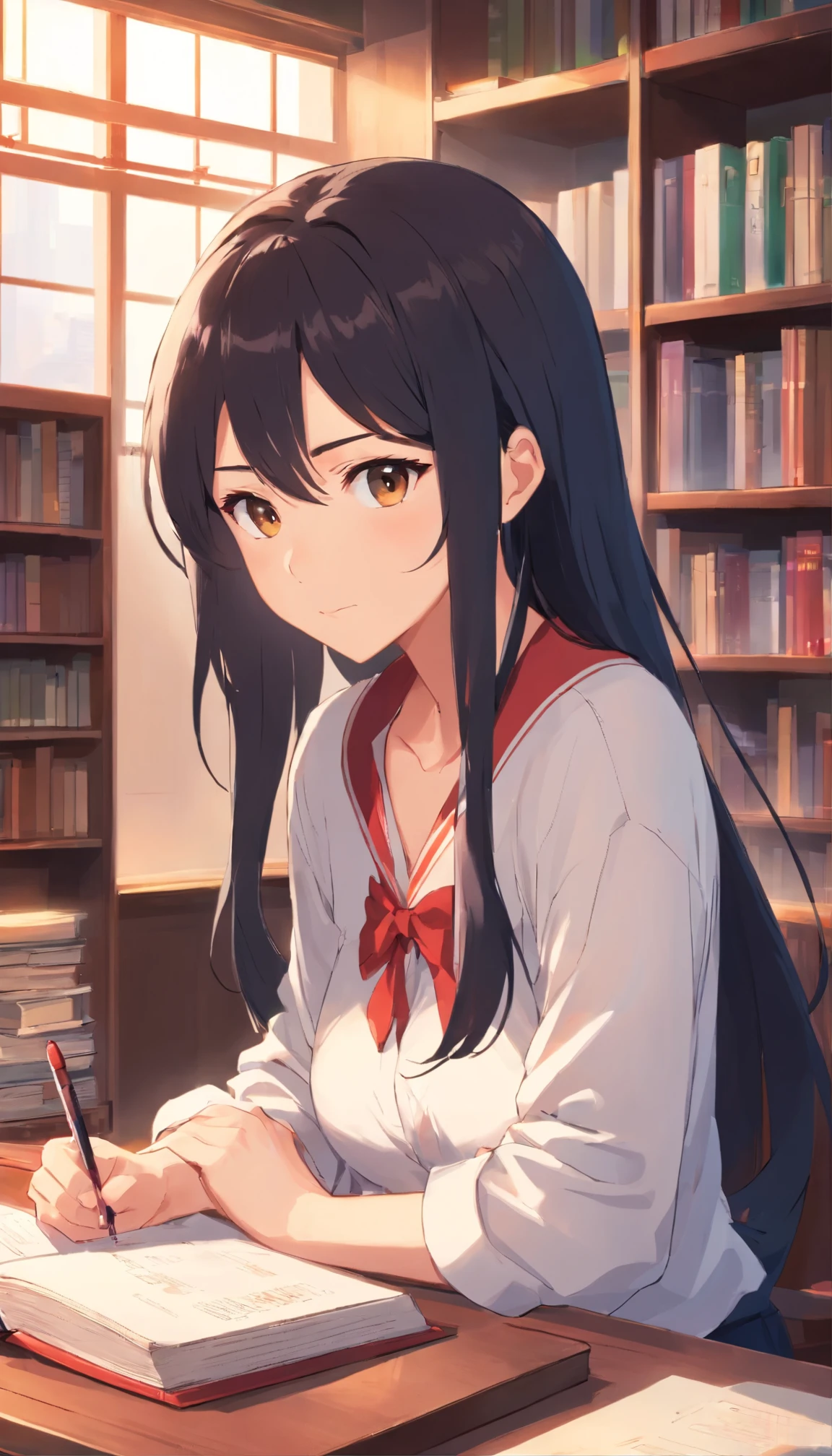 （masterpiece），（best qualtiy），（highly detailed），（illustratio），（ultra high resolution）one-girl，Off-the-shoulder attire，astonishment，tutor，Black color hair，straight long hair，white shirt，Mature woman，40-year-old woman，Large breasts，scowling，Top-down view，Close-up shot，Write homework，inside in room，bookshelves，desks