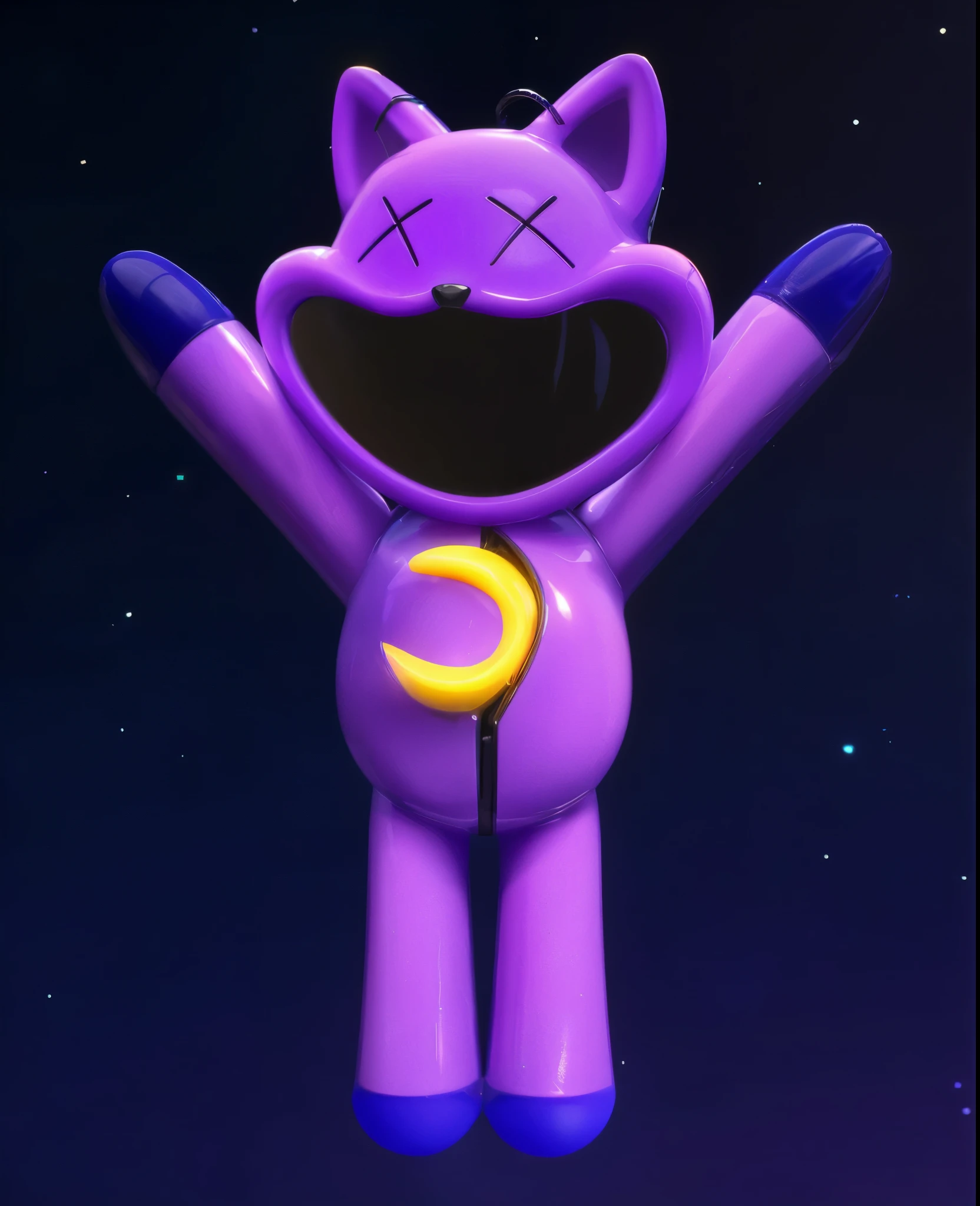 A 3D toy cat character, open mouth, toy cat, violet metal ears, made of plastic, cat orange fur, purple metal ears, cosplay photo, glossy texture, smooth 3d model, multiple light sources, rim light, sharp post effects render, (glossy plastic texture with multiple big light probe refractions), perfect cgi, smooth silhouette, high intensity refraction, (super glossy material), most beautiful vfx, blue background, plastic refractions, realistic, 4k, high resolution, rim light, photo shoot, commercial photo, profile shot, 4k, rim light, high resolution, 4k, glossy texture, smooth 3d model, multiple light sources, rim light, sharp post effects render, (glossy metallic texture with multiple big light probe refractions), perfect cgi, cgi art created only with gradients, smooth silhouette, high intensity refraction, (super glossy chrome material), most beautiful vfx, blue background, chrome metal refractions, multiple light sources, rim light, sharp post effects render, perfect cgi, digital art, detailed digital art, reflective, best quality, 4k, masterpiece:1.2, ultra-detailed, realistic, vivid colors, dark and moody lighting, The image of the highest quality, ensuring every detail showcased perfectly. It in 4k resolution, allowing viewers to immerse themselves in the richness of the colors and intricate details. The realistic rendering. under the spotlight, reflecting, high-resolution image, realistic rendering, dark background, and rim light photorealistic