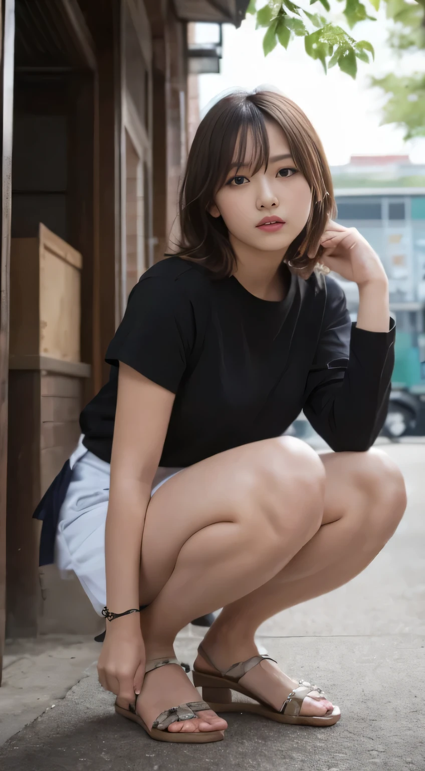 finely, High resolution, high quality、perfect dynamic composition shape, finely beautiful eyes, medium hair, small breasts、natural color lip,Kamimehibuya、20 year old girl、1 person、transparent skin、shining hair、table top, 最high quality, shape, Super detailed, finely, High resolution, 8K、correct state of the human body、squat、Stand in front,hair blowing in the wind、whole body