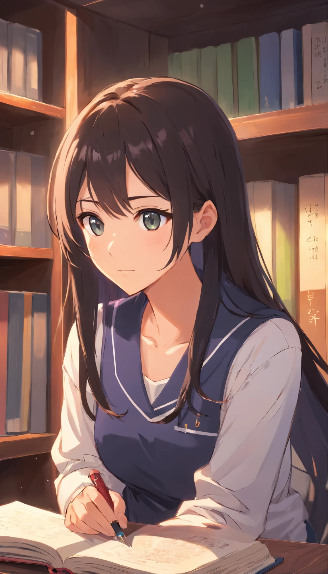 (masterpiece),(best qualtiy),(highly detailed),(illustratio),(ultra high resolution)one-girl,Off-the-shoulder attire,astonishment,tutor,Black color hair,straight long hair,white shirt,Mature woman,40-year-old woman,Large breasts,scowling,Top-down view,Close-up shot,Write homework,inside in room,bookshelves,desks