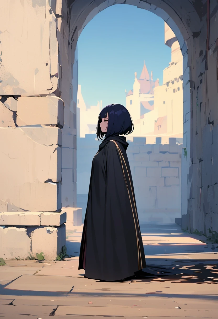 ((shylily)), a girl，Looking into the distance from the castle，，alone，masterpiece，best quality，Blackening，dark，shadow thing，douchebag，sneering，overlooking，Black shadow，Black viscous liquid，gloomy，Black belly，steady，Barefoot Cthulhu，，cloak，girl，，masterpiece, best quality, best qualit