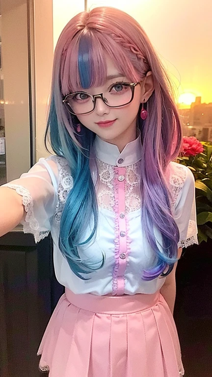 small face、 (alone:1.5,)Super detailed,bright colors, very beautiful detailed anime face and eyes, look straight,  shiny_skin,girl, (((rainbow colored hair, colorful hair, Half blue、half pink hair: 1.2))), 、shiny hair, delicate beautiful face, blush、Glasses、(turquoise eyes), , Valletta, earrings,、flower garden、sunset、(（(Stylish lace mini skirt,Translucent shirt)))、（twin tails）、smile、happy face、face dyed red、cheerful pose、dynamic、Head to toe full body portrait、（I can see the whole body）