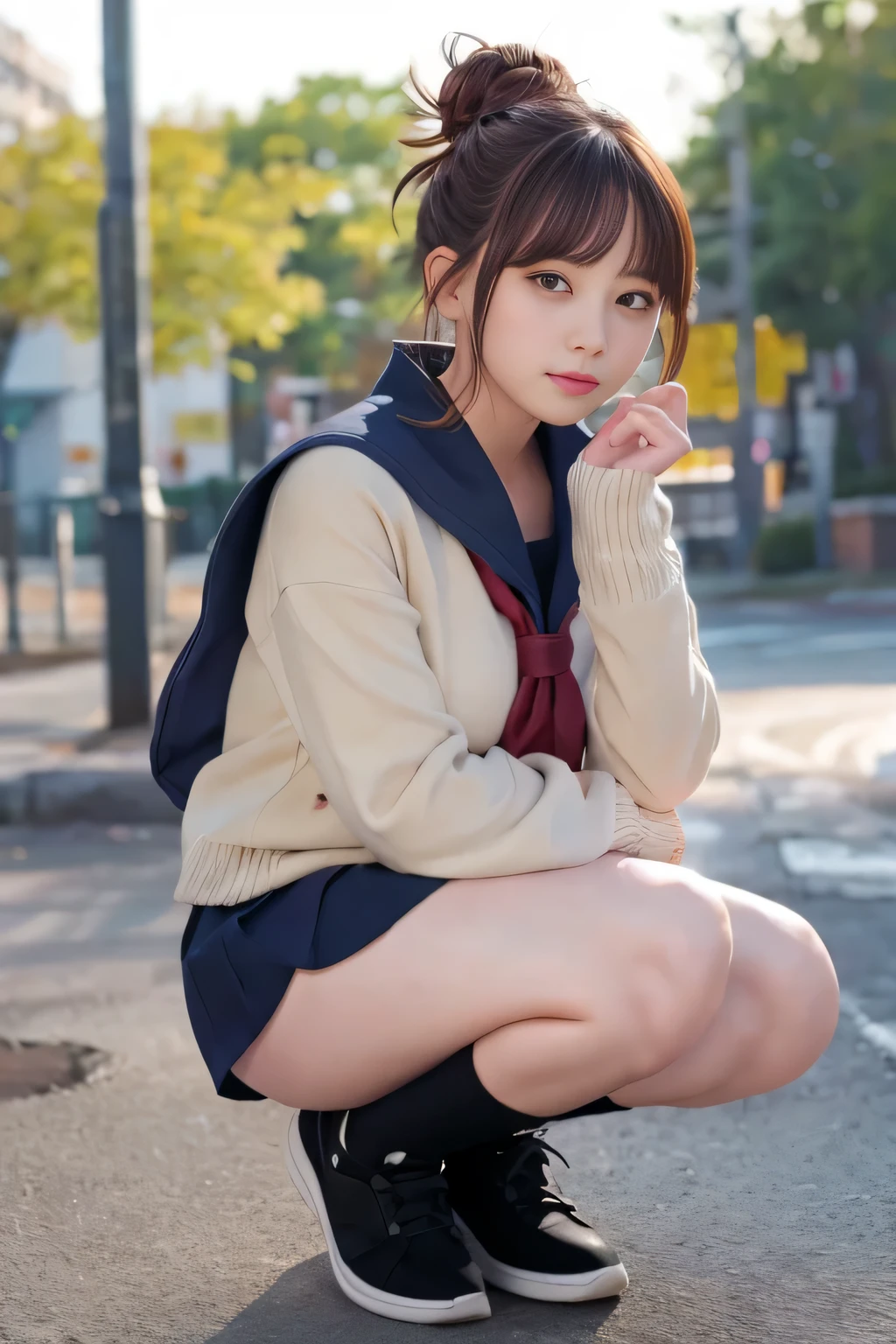 (Top Quality, Masterpiece: 1.2), (One Woman: 2), Japan High School, (Navy Blue Sailor Suit: 2), (Half Squat, Open Legs: 2), (Perfect Legs: 1.2), Behind the School Building, (Furious, Wide Open Mouth: 1.2), Facing Front, (Bad: 1), (Bright brown-red hair, bangs, long curly hair), (Aura rising behind it, Menacing), Black loafers, Black stockings, ( Awesome Makeup: 1.2), Big, Beauty, (Photorealistic: 1.3), NFSW, Ultra Detailed, (High Detail Skin: 1.2), (Best Quality: 1.0), (Ultra High Definition: 1.0), (ulzzang-6500:0.3), (Perfect Angry Face, Perfect Body, Perfect Outfit, Perfect Anatomy: 1.5), Cigarette Butts, Garbage