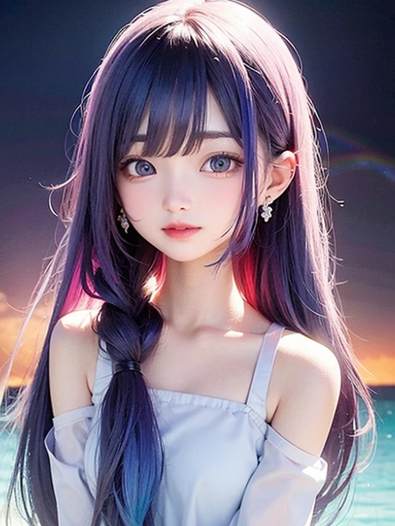 background is sky、small face、 (alone:1.5,)Super detailed,bright colors, very beautiful detailed anime face and eyes, look straight, shiny_skin,girl, (((rainbow colored hair, colorful hair, Half blue、half red hair: 1.2))), 、shiny hair, delicate beautiful face, blush、Glasses、(turquoise eyes), , Valletta, earrings,、flower garden、sunset、(((Translucent shirt)))、(twin tails)、(smile、happy face、face dyed red)、cheerful pose、dynamic、Upper body