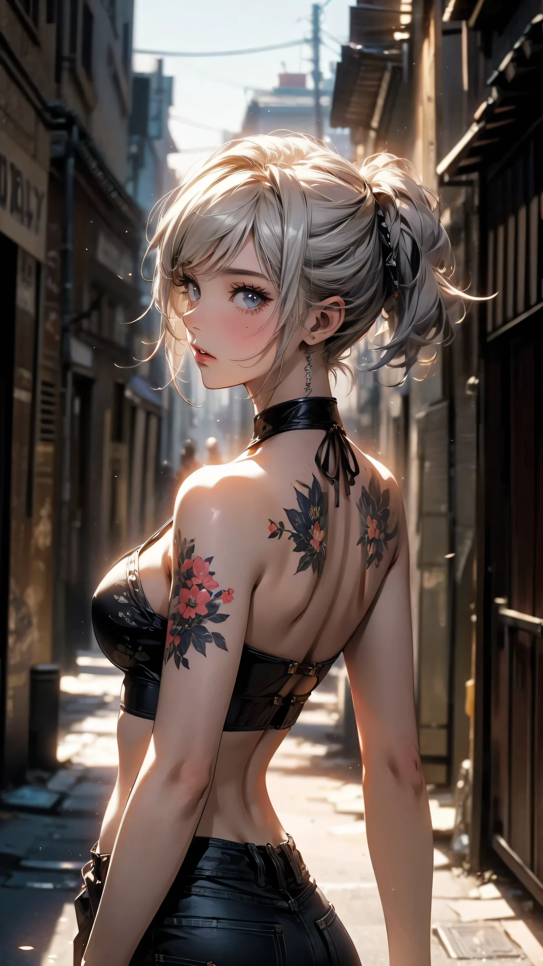 (masterpiece, High resolution, highest quality), ((20 year old woman, Composition from head to stomach, upper body focus)), look up to the sky, detailed eyes, Full arm floral tattoo:1.2, Asymmetrical punk short hair:1.2, ash gray hair, , Solid Tube Top :1.3, hot pants, A deserted back alley in Paris:1.3, cinematic lighting, anime style, simple lines, digital painting