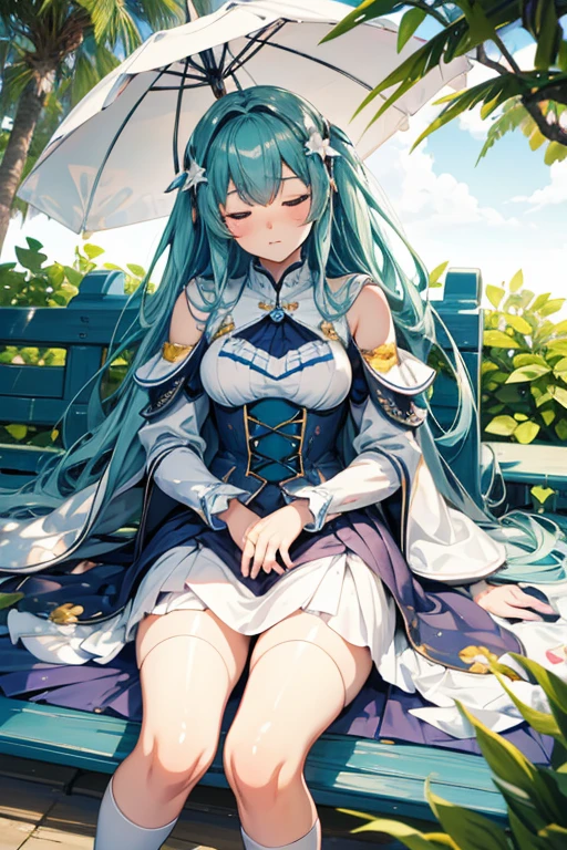 highest image quality, highest quality,High definition, high resolution image quality,8k. A-Meaha Musume.1 girl ,long beach,sleeping under a parasol、sleeping on a white bench,mecha musume.