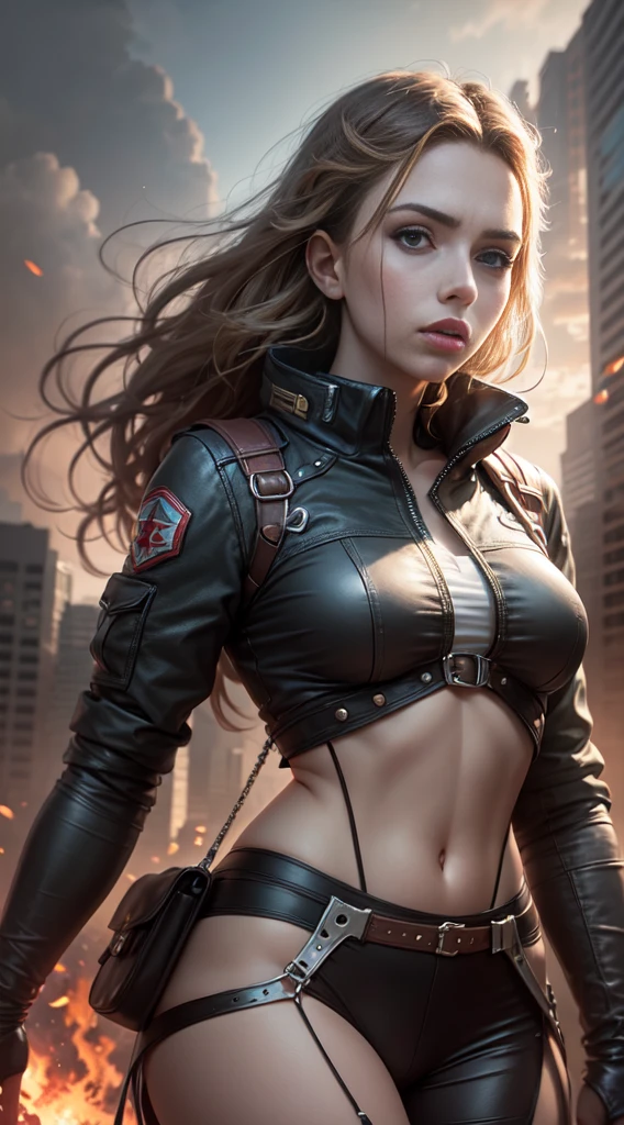 High resolution ultra-realistic uniform beauty Scarlett Johansson, Wandering in the war zone, High-intensity light and shadow, Super photo, Emphasize the hardships of women wearing, Render high-definition skin textures, A new visual experience.