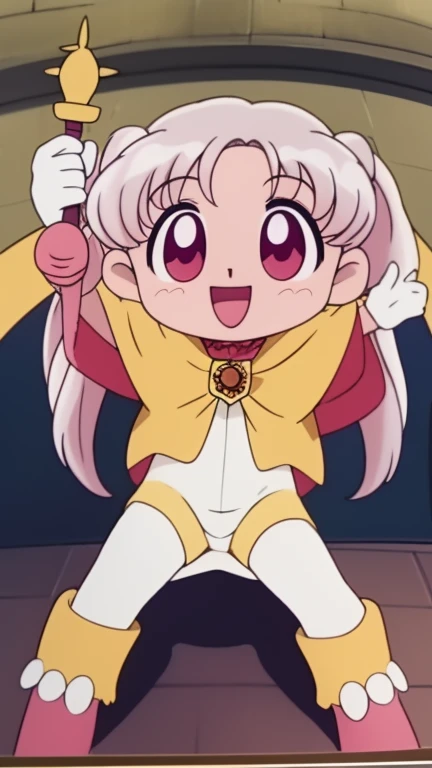 Silver Oujo, 1 girl, alone, yellow_hat, wand, long hair, twin tails, smile, red eyes,  open your mouth, cape, full body, holding,  boots, gray hair, yellow hat, holding wand, pink hair, pantyhose, long sleeve, :d, Are standing, outstretched arm,
Castle in the room, 1 girl, difficult, Chibi, 
masterpiece, expensive quality, very_expensive_solve, big_file size, full color, 1990s \(style\), anime, anime_screen cap, animeーション化された gif, mp4 ,video, animeーション化された,masterpiece, highest quality, soft lighting, confused, looking at the viewer, alone, smile, leather gloves, Thighhighs, white boots, big breasts, whole body,,(NSFW),(spread your legs,she spreads her insides to show her uterus),((arms above head)).,(((male pov, Normal position, behind, vaginal sex, sex))),((big fat cock))、Cowgirl,, Cowgirl, masterpiece, high resolution, Super detailed, 1 naked man, (vagina, sex: 1.5), Kinky full nelson (sex Position), raise your feet, full nelson, (orgasm: 1.5), (big breasts: 1.2),