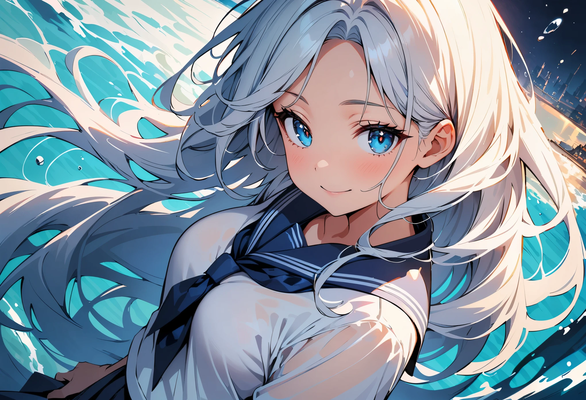 (high quality, 8k, 4k, high contrast, masterpiece:1.2, best quality, best aesthetics), (dynamic angle), Super detailed, ((fantasy:1.2, Water Splash)), water background, sailor suit, (See-through:1.3), sailor dress, white theme, looking at the viewer, Insanity, messy long hair, detailed and beautiful eyes, hair shines, elevation angle, blue sailor collar, light smile,